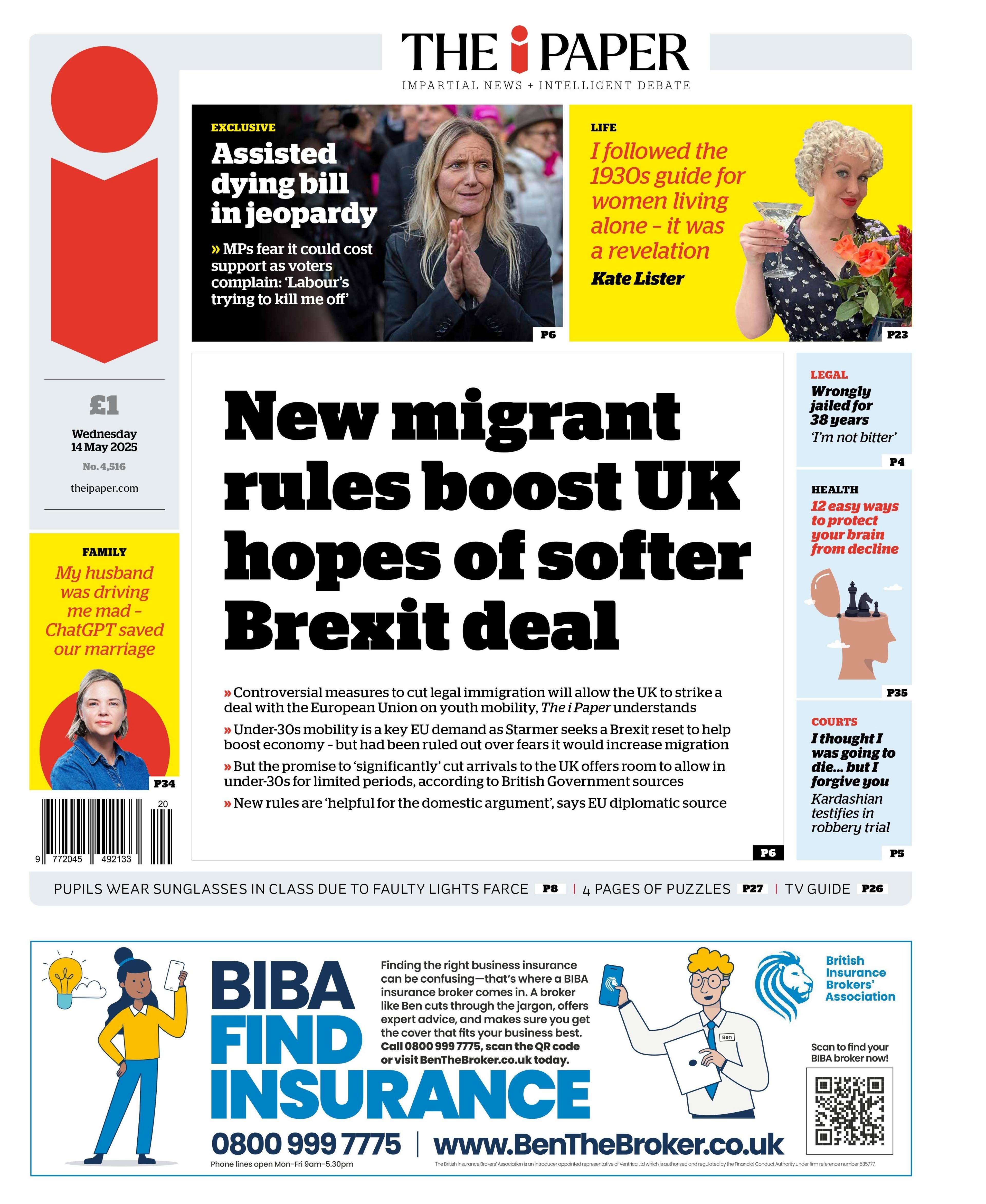 The headline on the front page of The i reads: "New migrant rules boost UK hopes of softer Brexit deal".