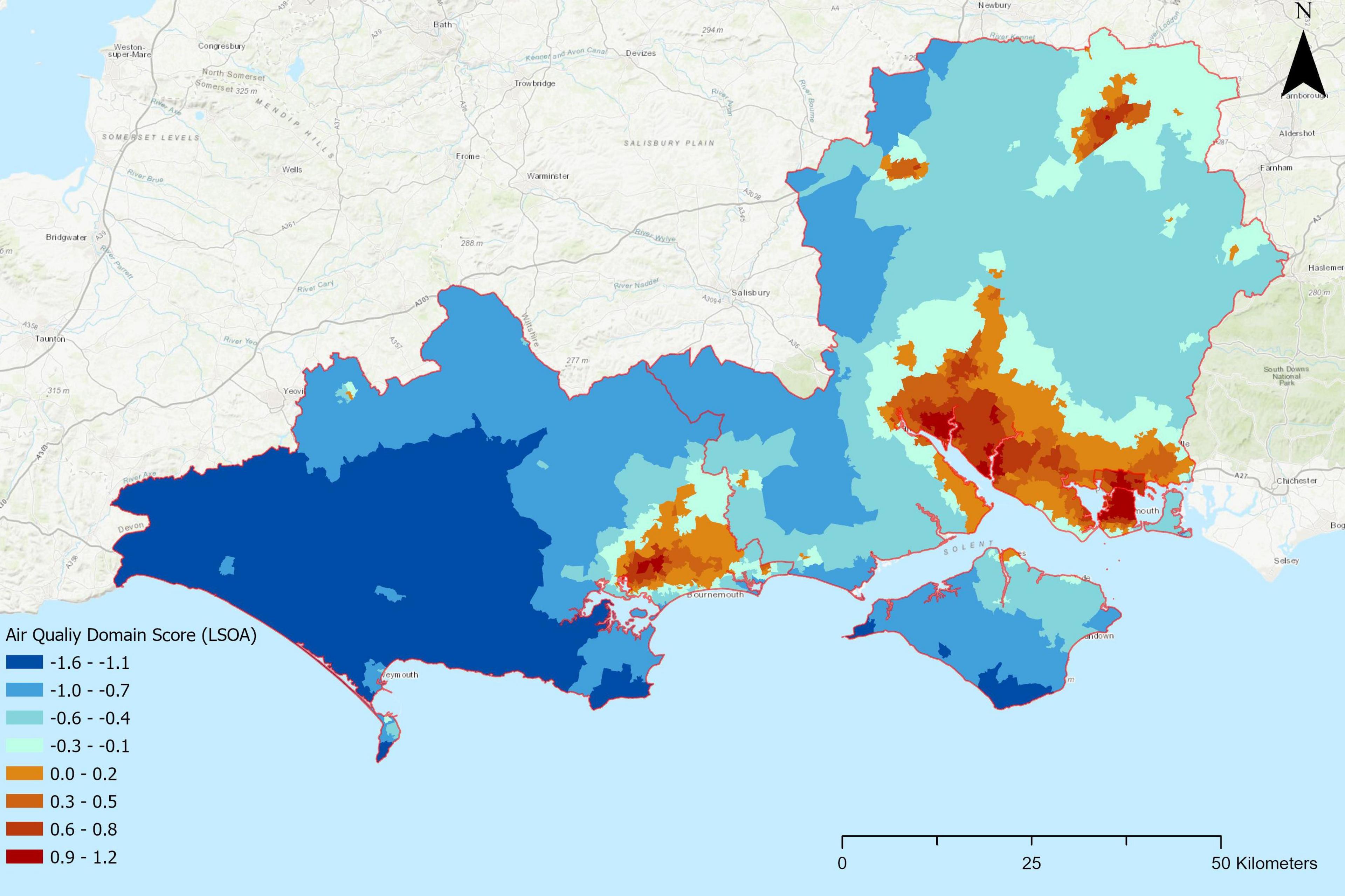 A map of the south colour-coded according to air quality domain score. Where the pollution is heaviest in the cities, there are patches of red, with it changing to reddish orange, orange, and yellow the further out it gets. In rural areas it is shades of blue, indicating a lower score.