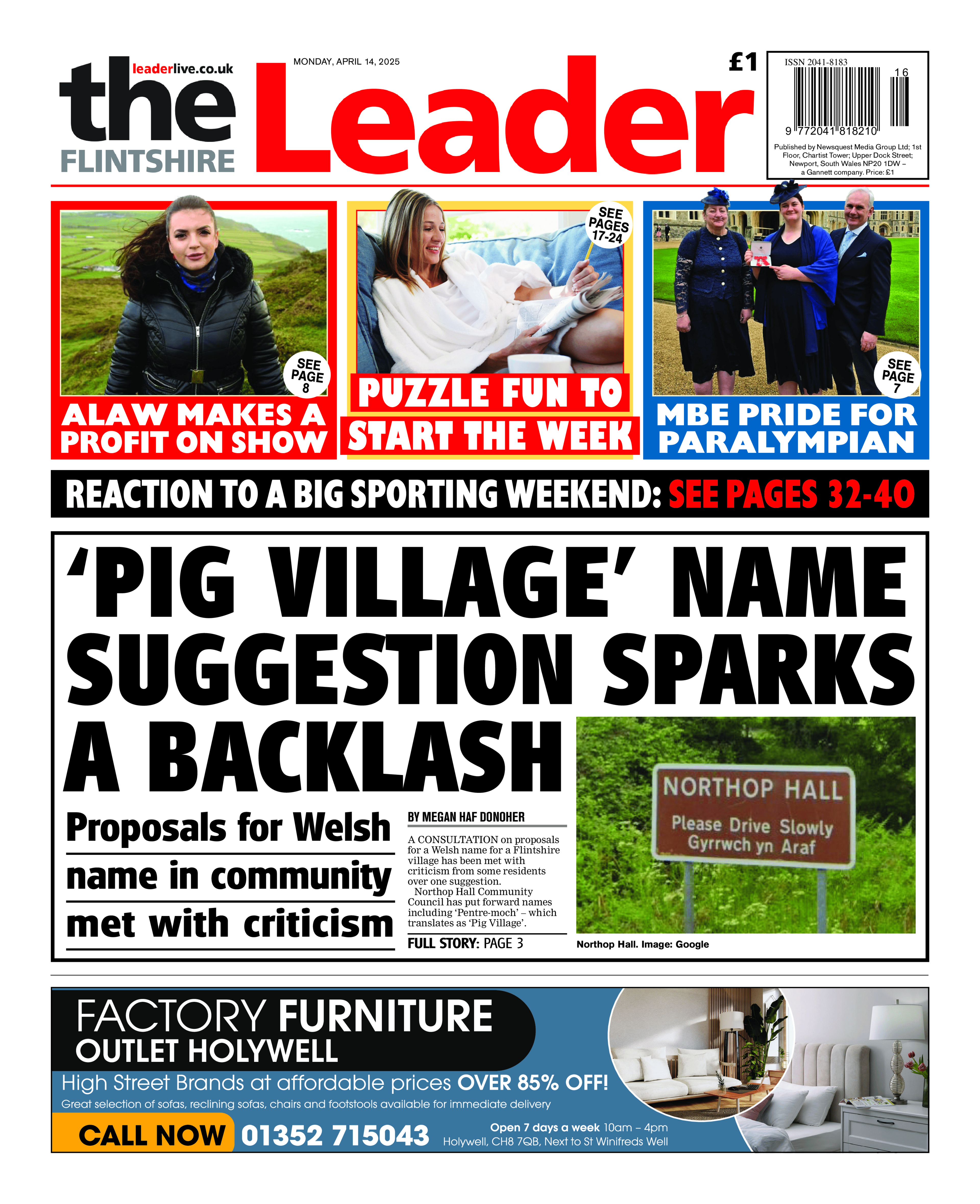 Front page of the Flintshire Leader. Main headline reads: 'Pig Village' name suggestion sparks a backlash. Proposals for Welsh name in community met with criticism. 