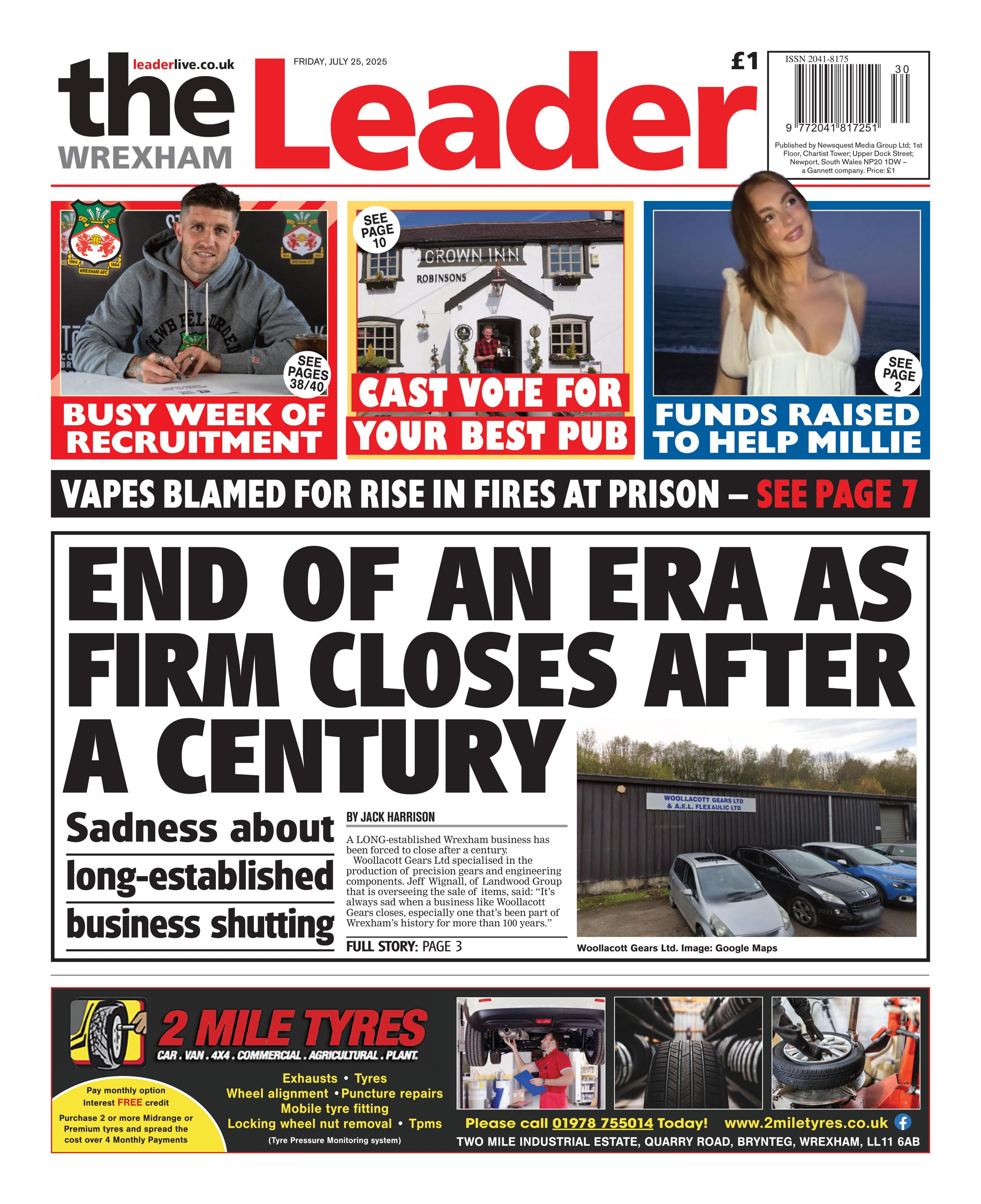 Main headline: End of an era as firm closes after a century. Other headline: Sadness about long-established business shutting. Headline sits next to image of cars parked outside a building.