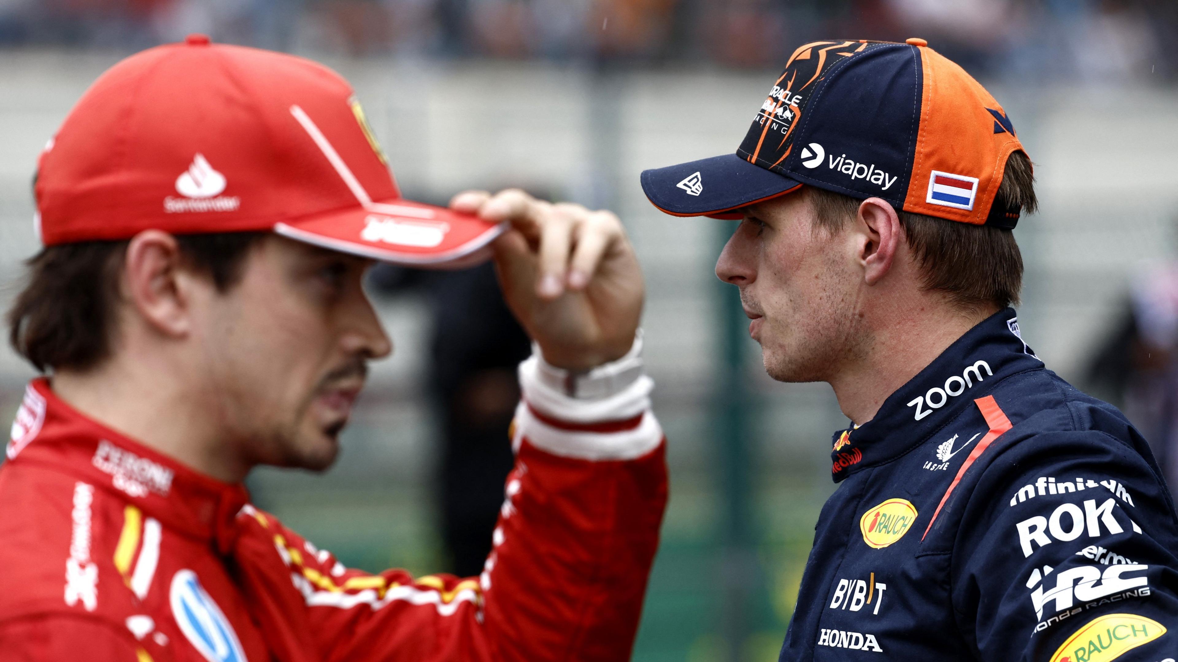 Max Verstappen (right), with Charles Leclerc in the foreground