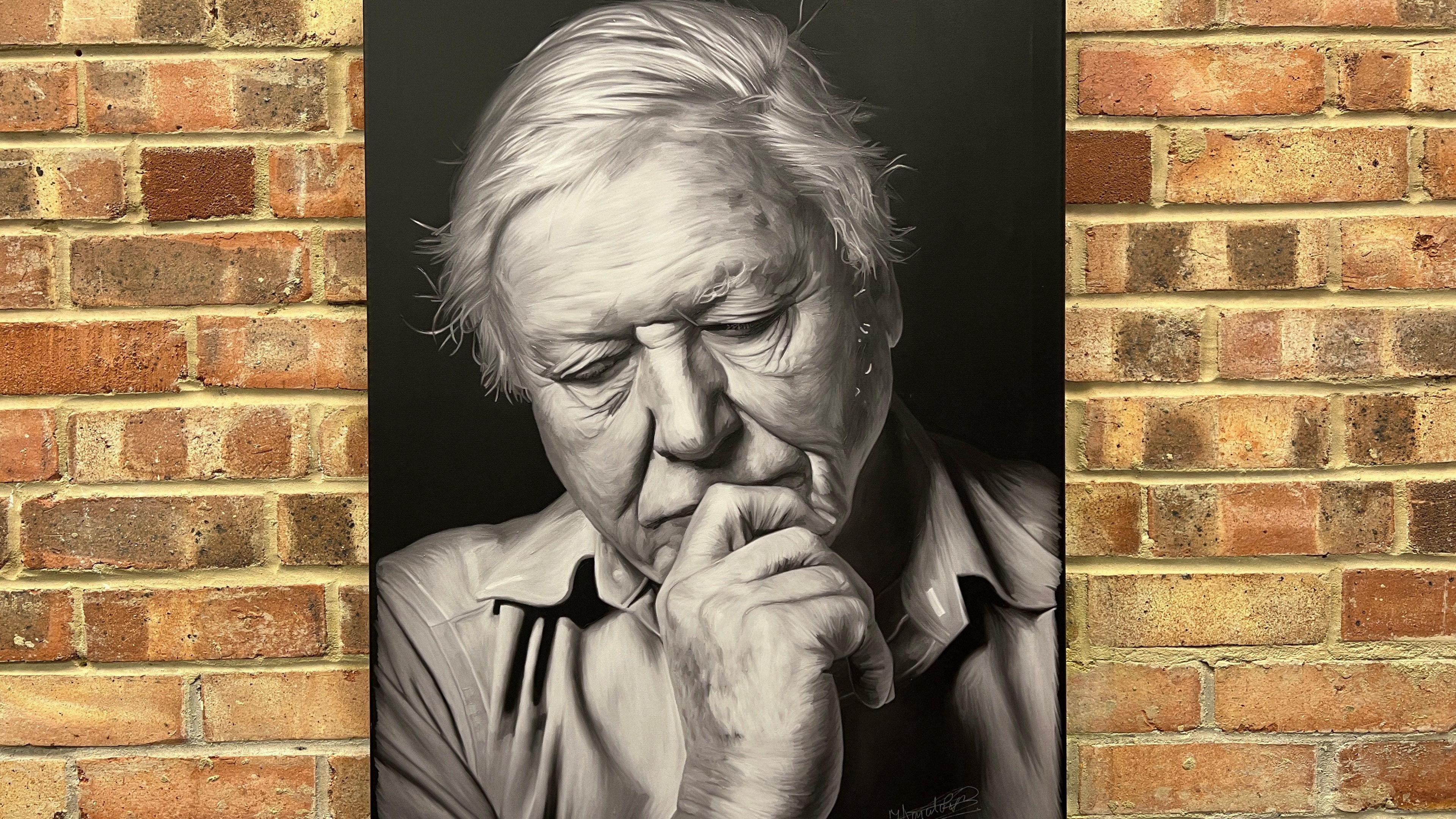 Black and white digital painting of Sir David Attenborough. In the painting, he has his hand on his chin, slightly covering his mouth. He is looking down, deep in thought. 