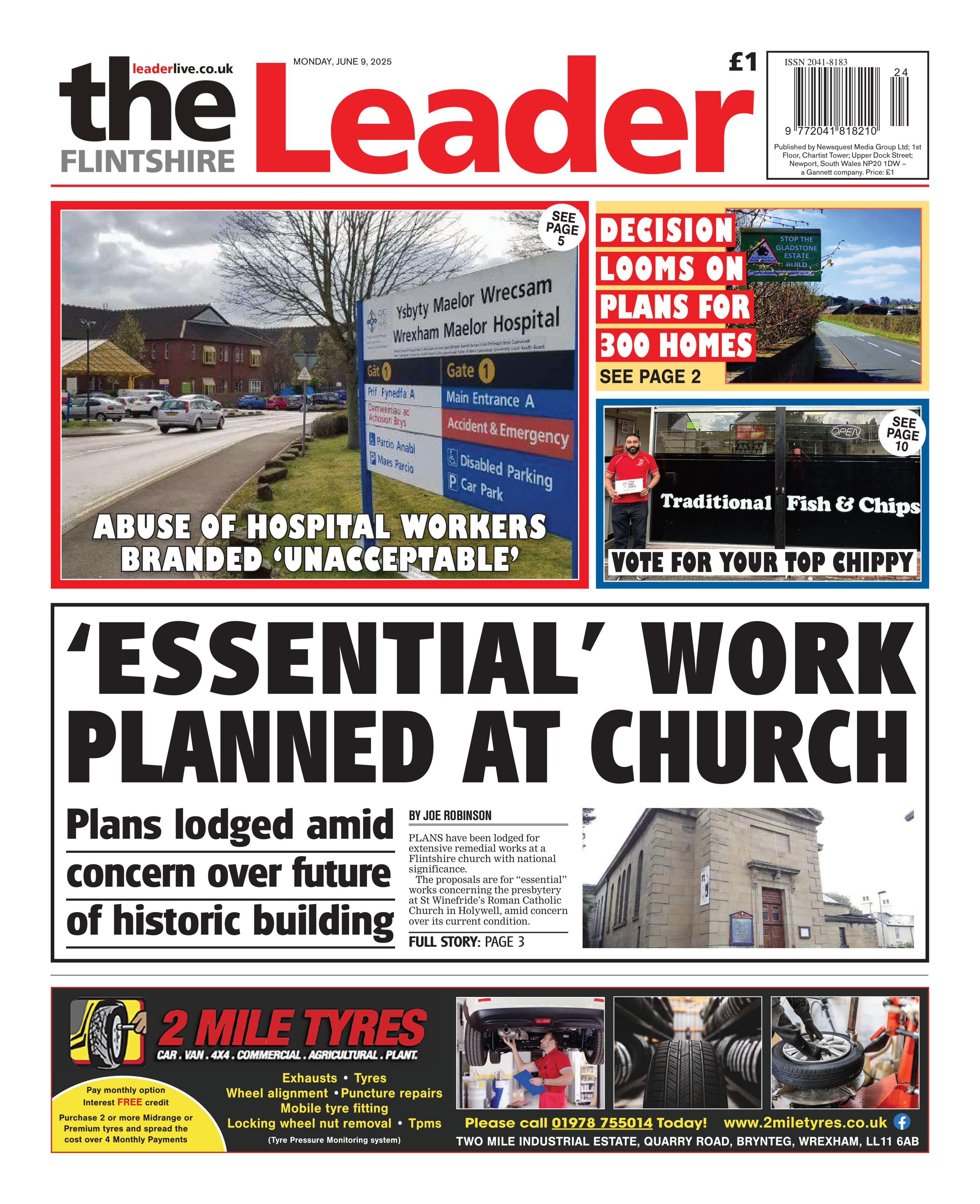 The Flintshire Leader front page headline next to a photo of a church: Essential work planned at church; Plans lodged amid concern over future of historic building.