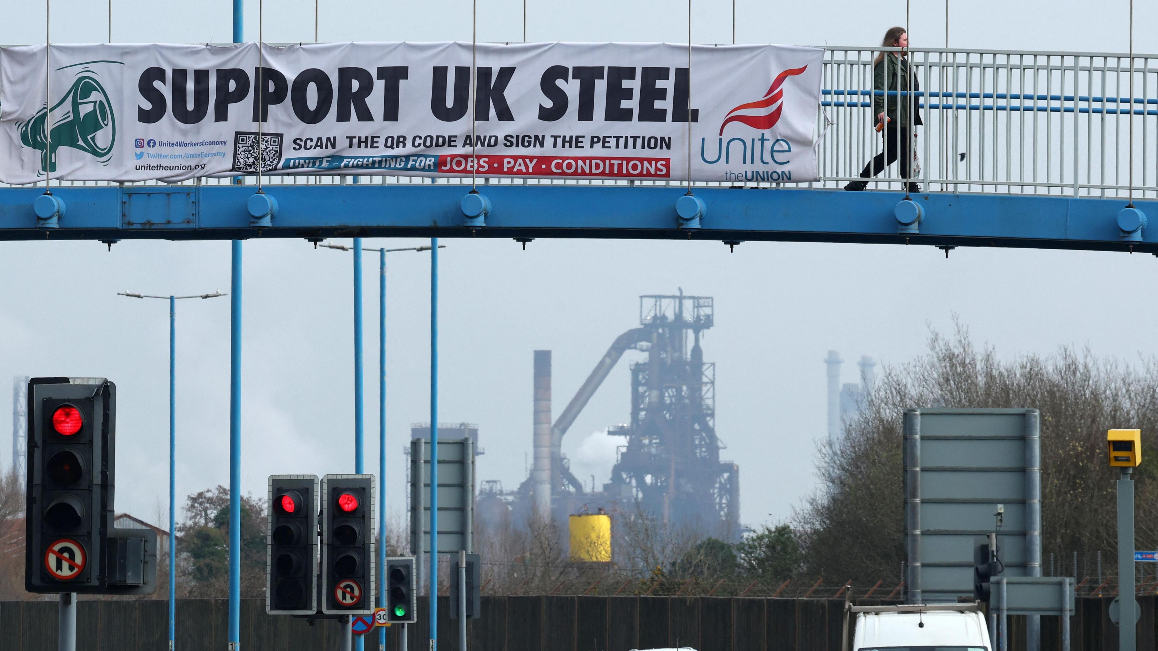 A blast furnace and a union banner in Port Talbot