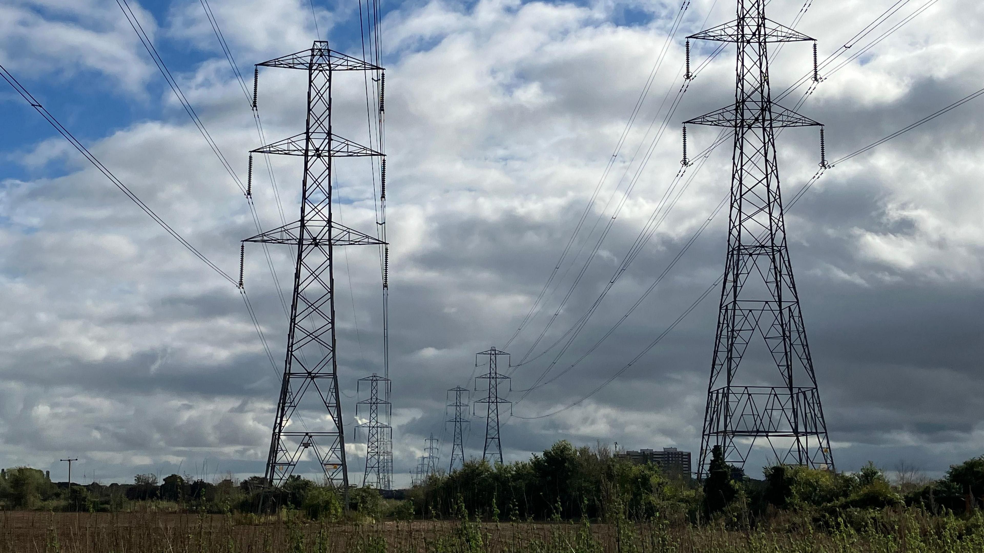 Two rows of tall pylons are pictured against a moderately cloudy sky.