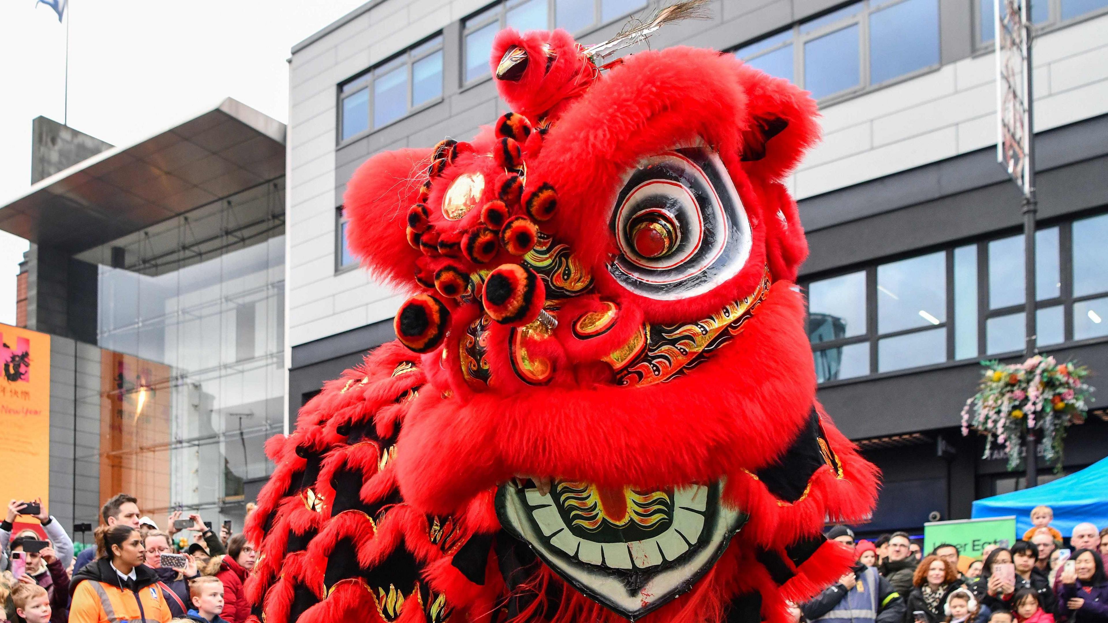 A red and black Chinese performance dragon in the middle of a crowd watching it dance.