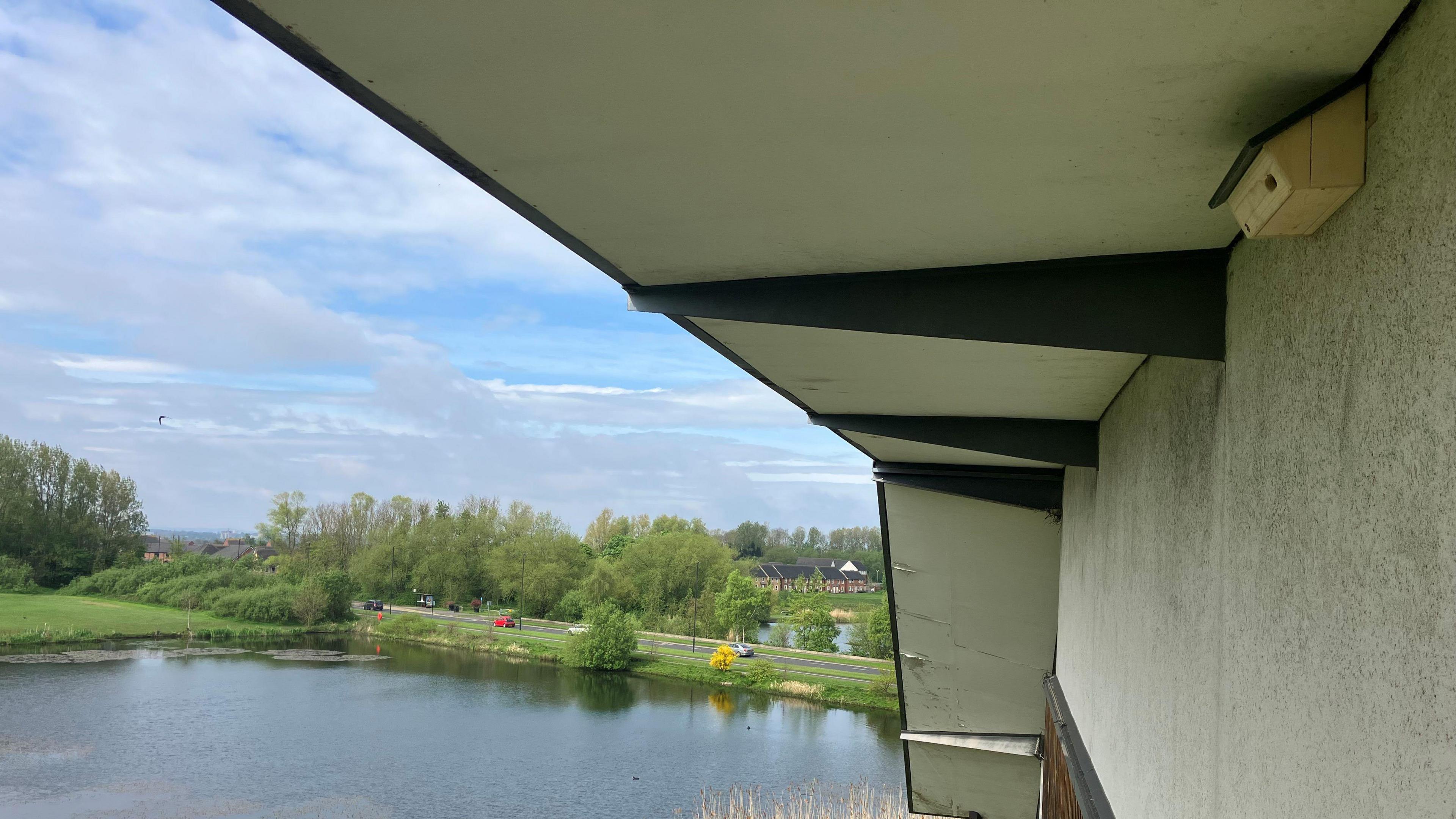 A nesting box overlooking a lake.