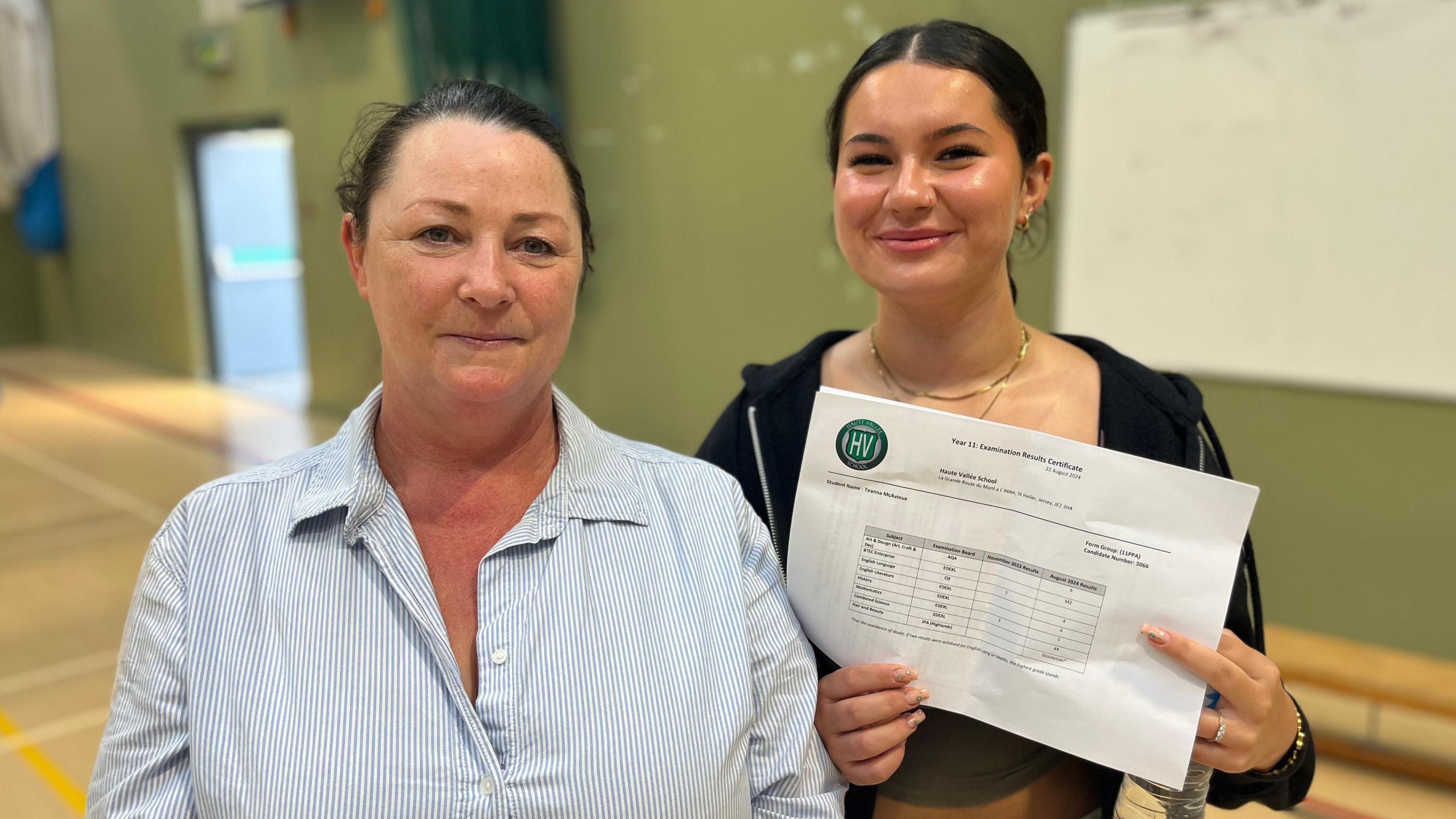 Teanna and Deirdre standing in the school sports hall. Teanna is holding her GCSE results