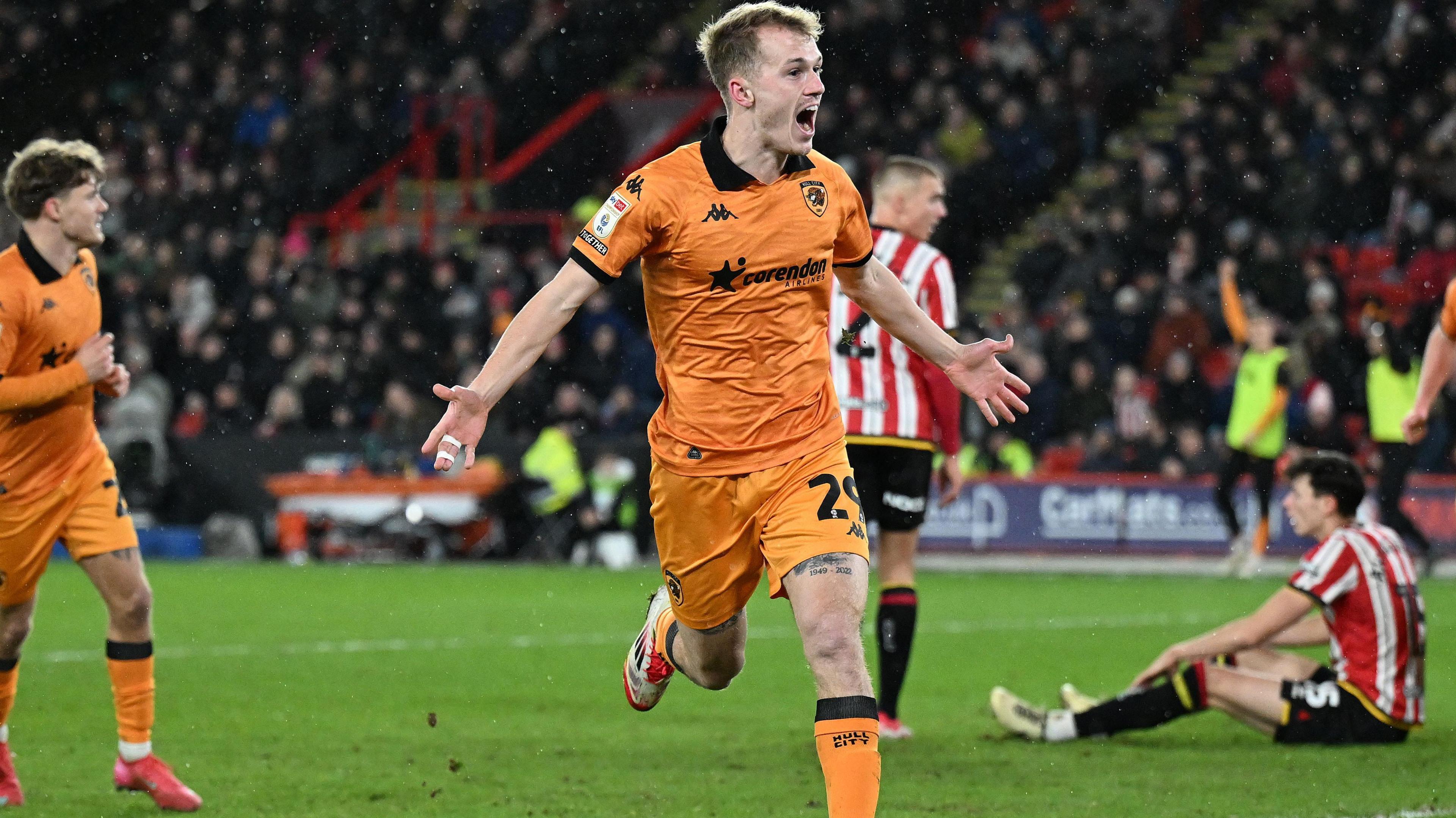 Matty Jacob celebrates scoring Hull City's second goal in the 2-0 win over Sheffield United at Bramall Lane 