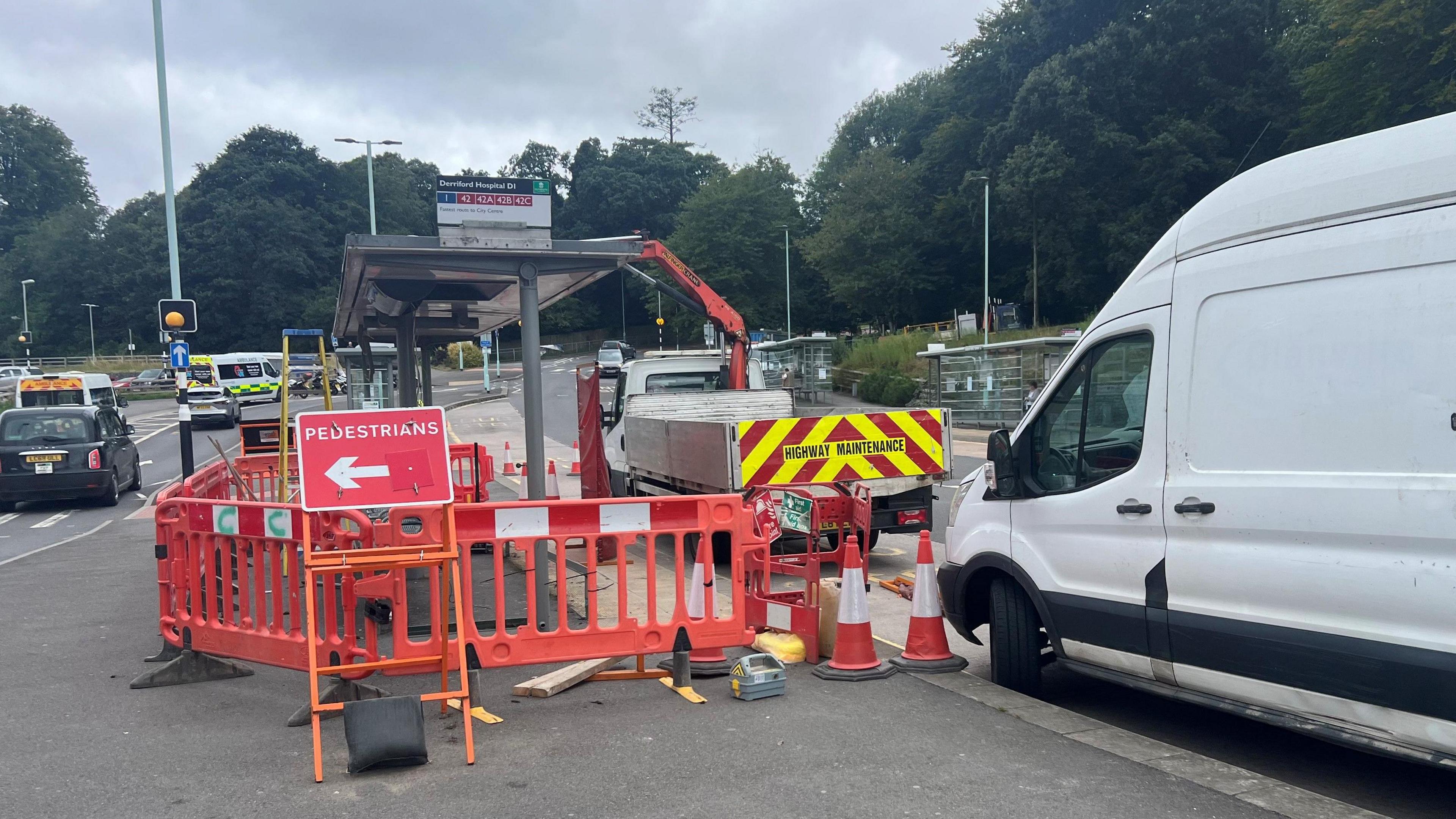 Bus shelter upgrade work at a Derriford Hospital