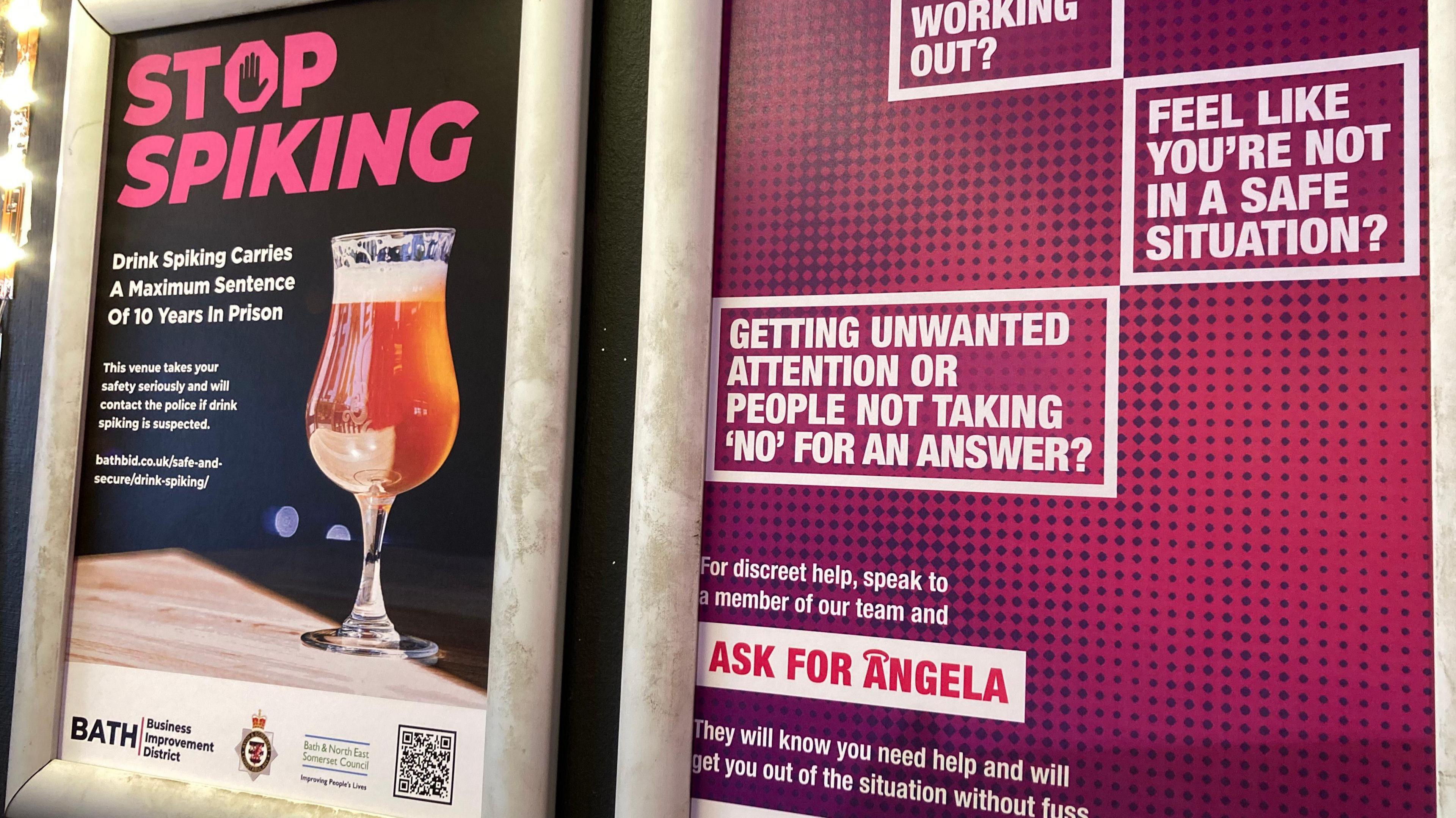 A series of posters on a bar wall showing a warning for spiking and to Ask for Angela.