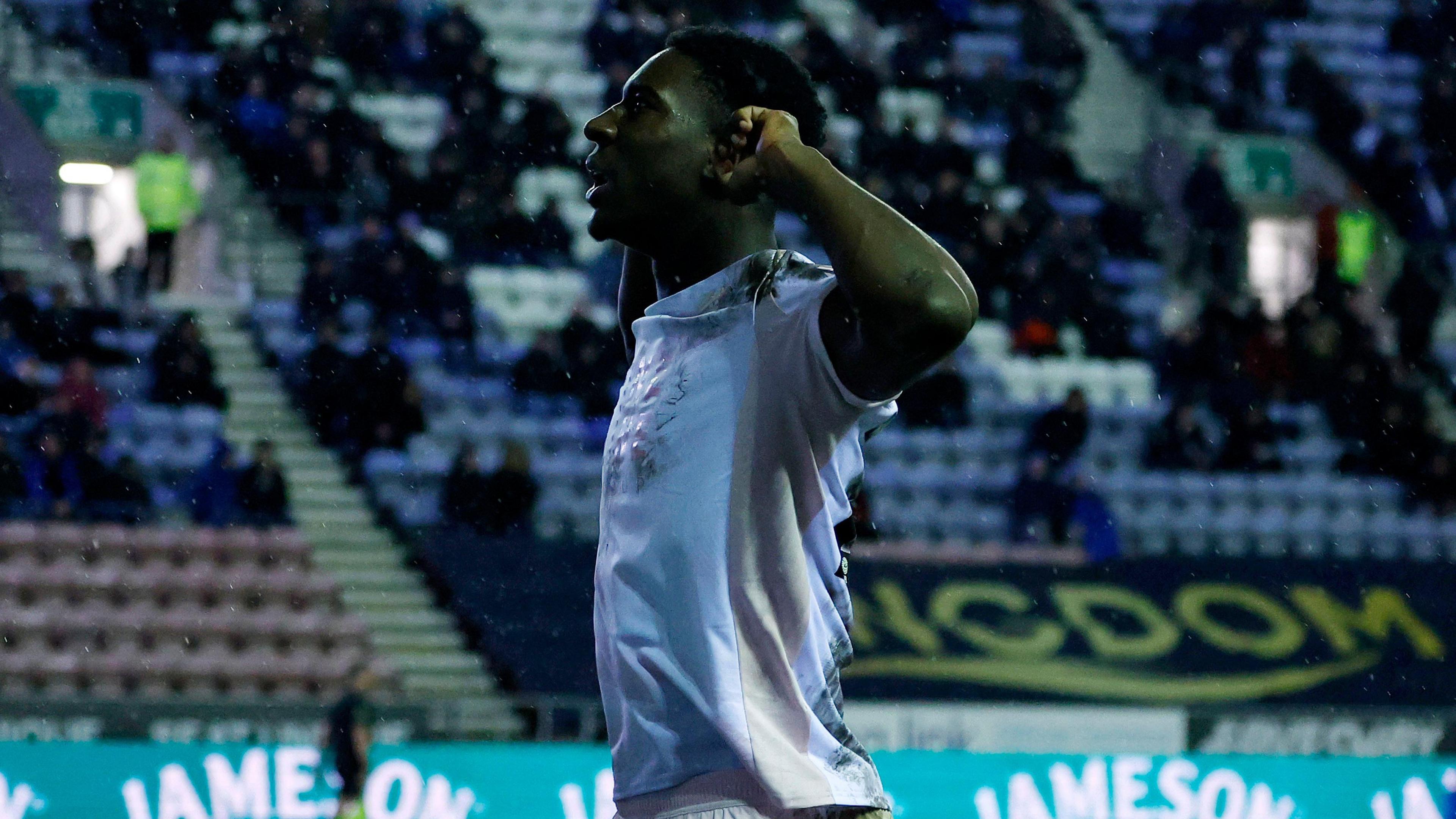 Bim Pepple celebrating scoring for Plymouth Argyle by cupping his hands to his ears