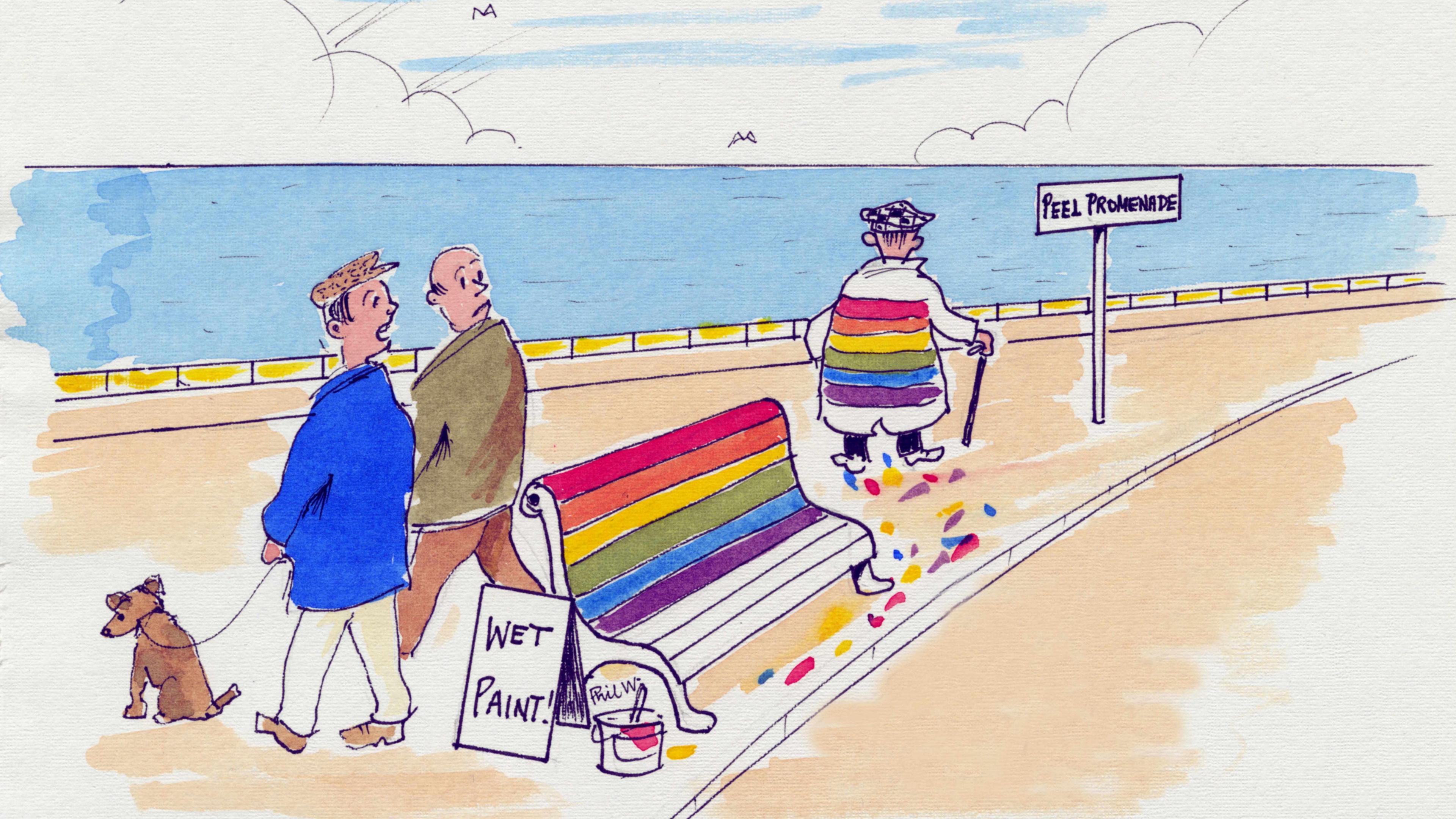 A cartoon of two men and a dog on Peel Promenade standing next to a bench which has been painted in rainbow colours that has a sign saying wet paint next to it. They are watching as a man who has been sitting on the bench walks away with paint marks on the back of his jacket.