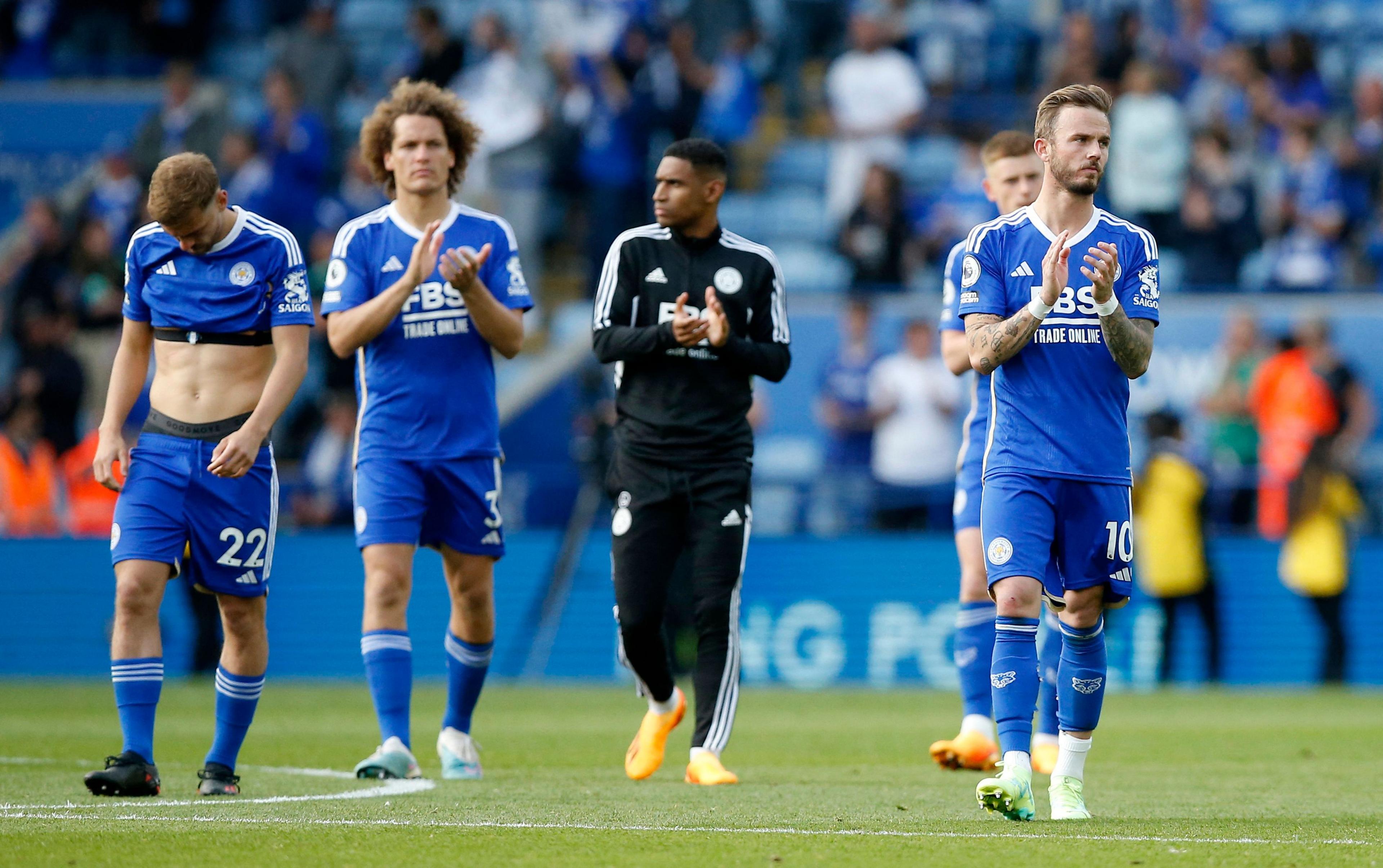 Leicester players looking dejected after relegation in May 2023