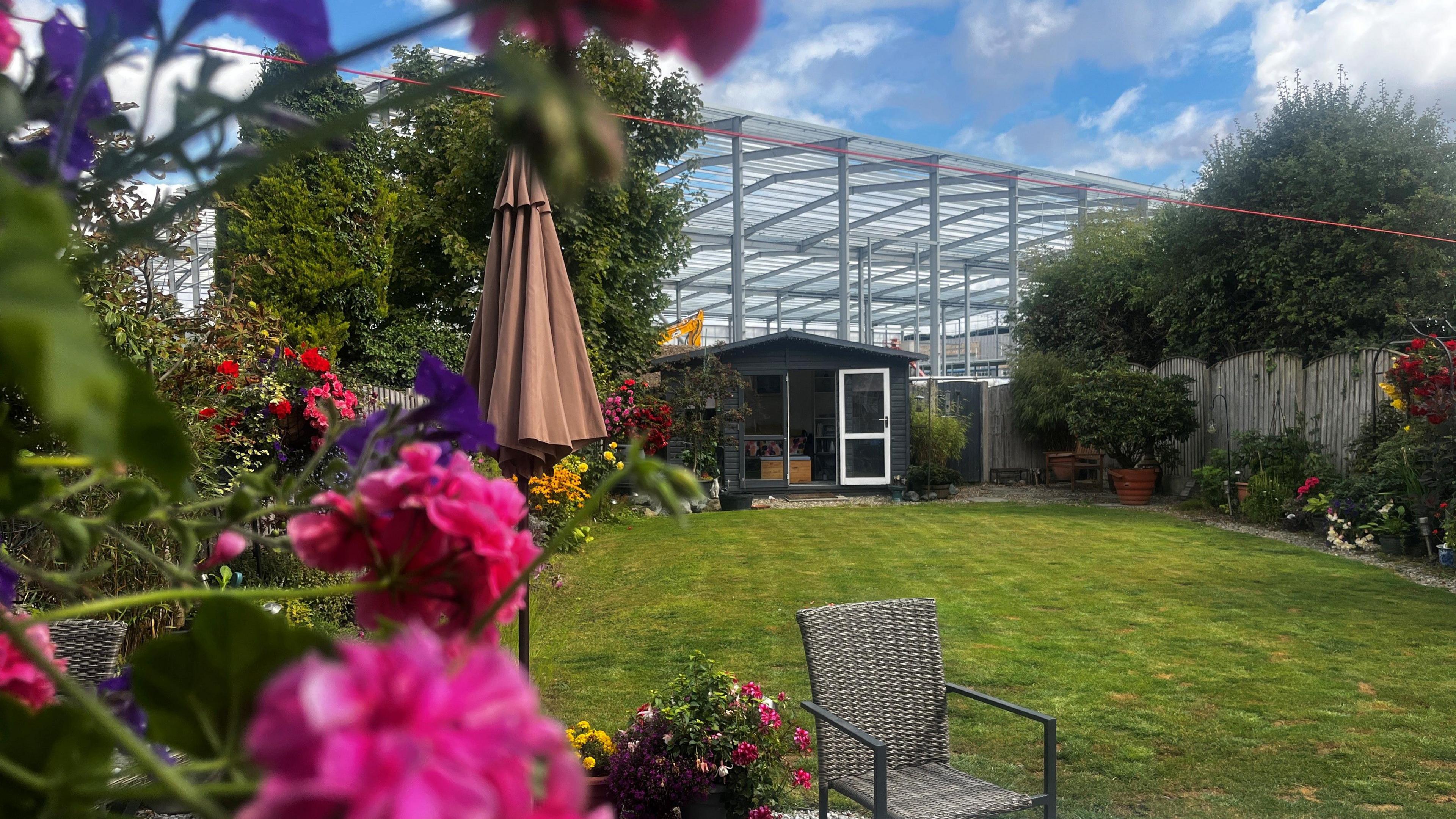 The metal foundations of a large warehouse loom over the back fence of a green back garden with lots of colourful flowers.
