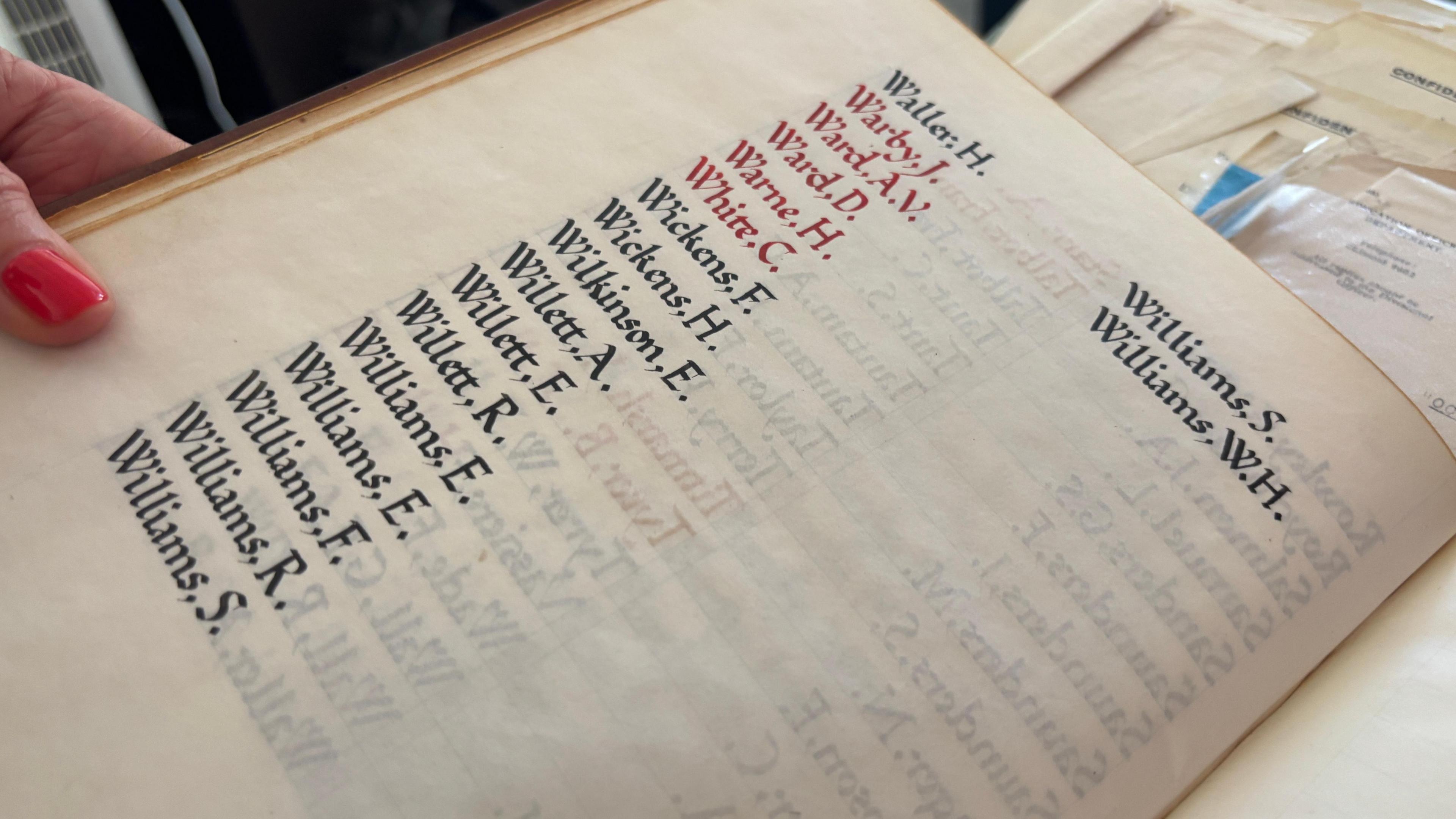 An open book listing names handwritten in a calligraphy style, in black or red. A hand with red-painted nails holds the book, and papers and envelopes are scattered in the background.