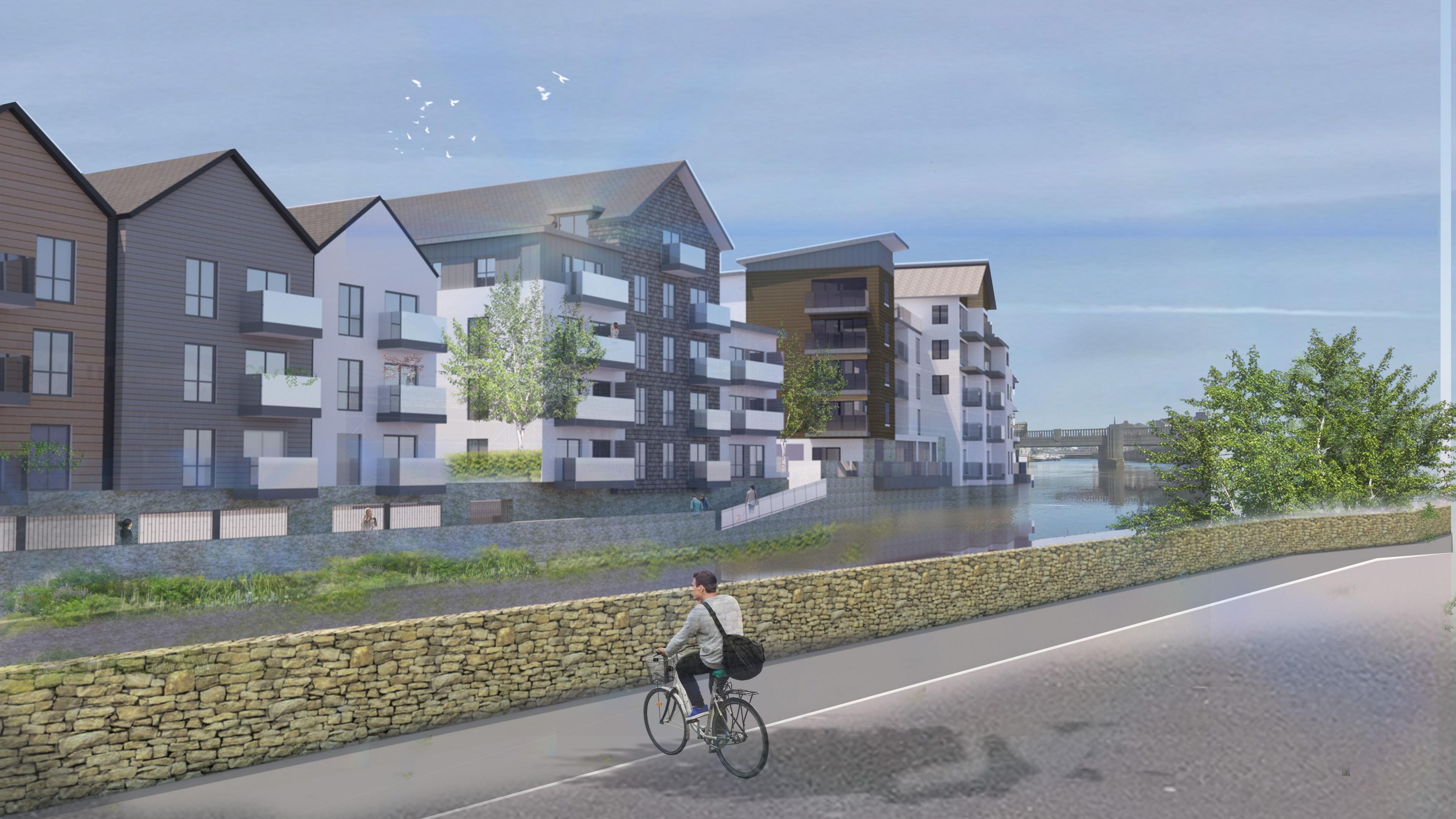 A CGI of modern housing along a riverside