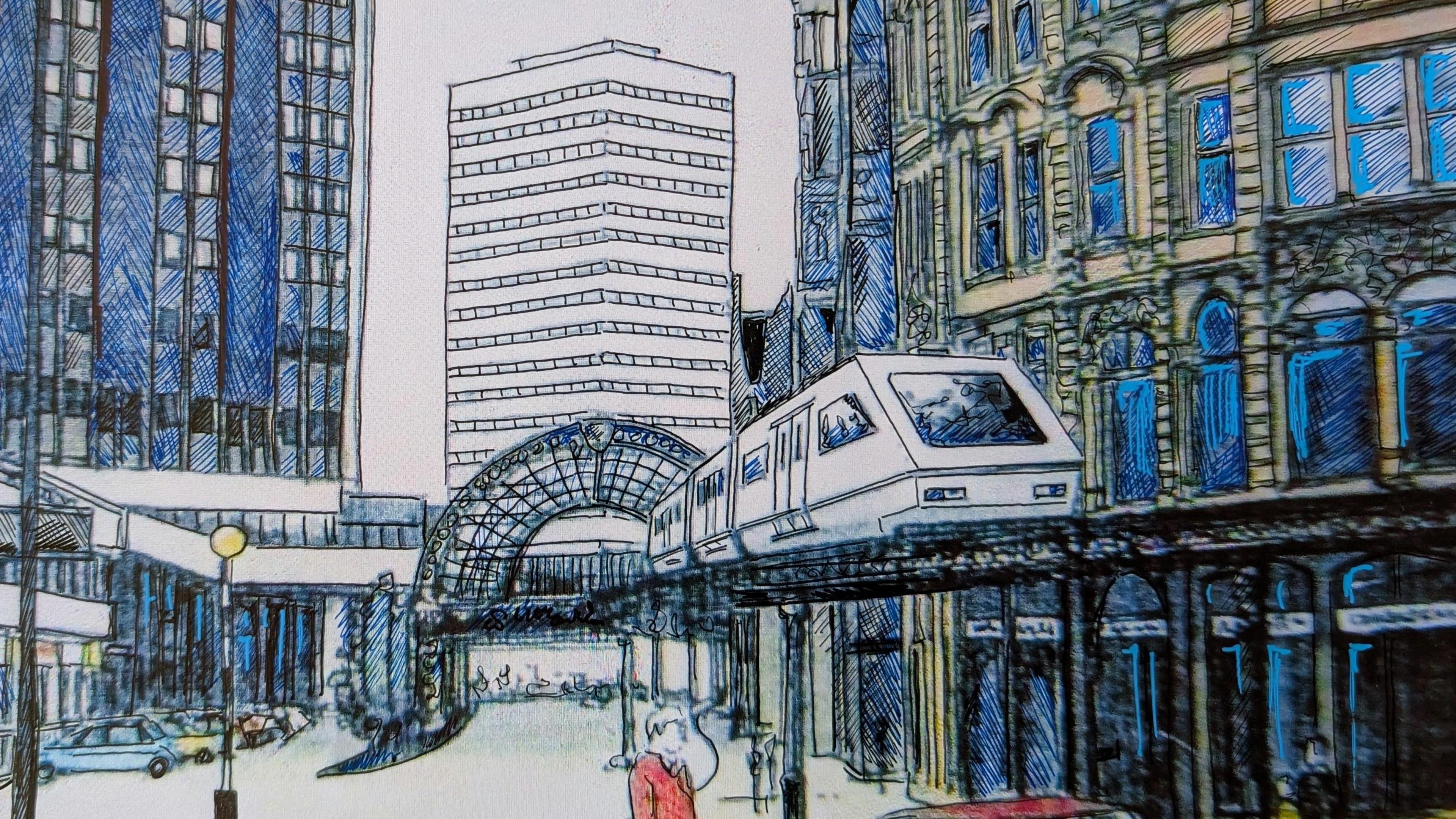 Archive drawing showing a white train travelling along an elevated railway through Leeds city centre.