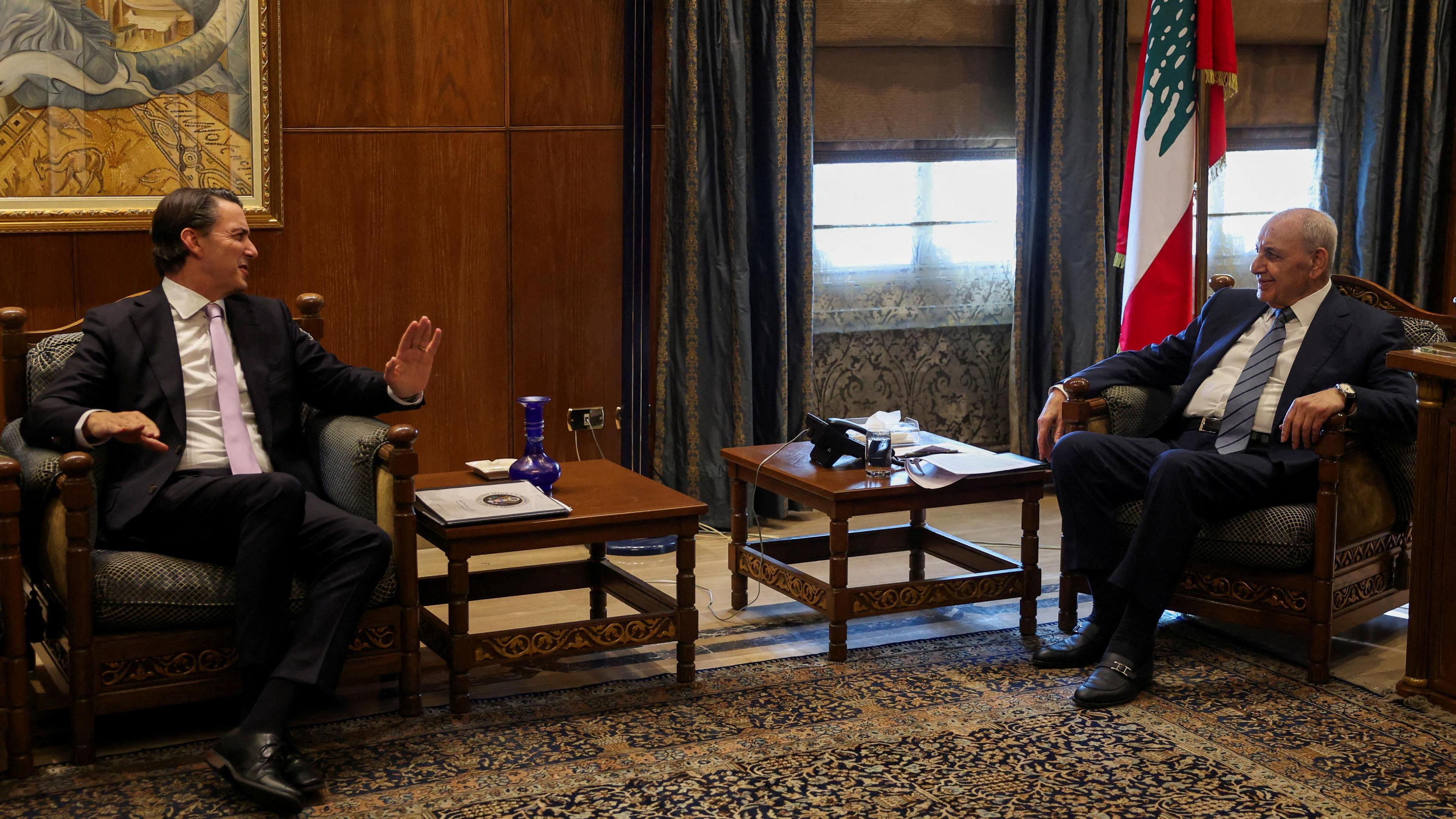 US envoy Amos Hochstein (L) meets Lebanese Parliament Speaker Nabih Berri (R) in Beirut, Lebanon (20 November 2024)