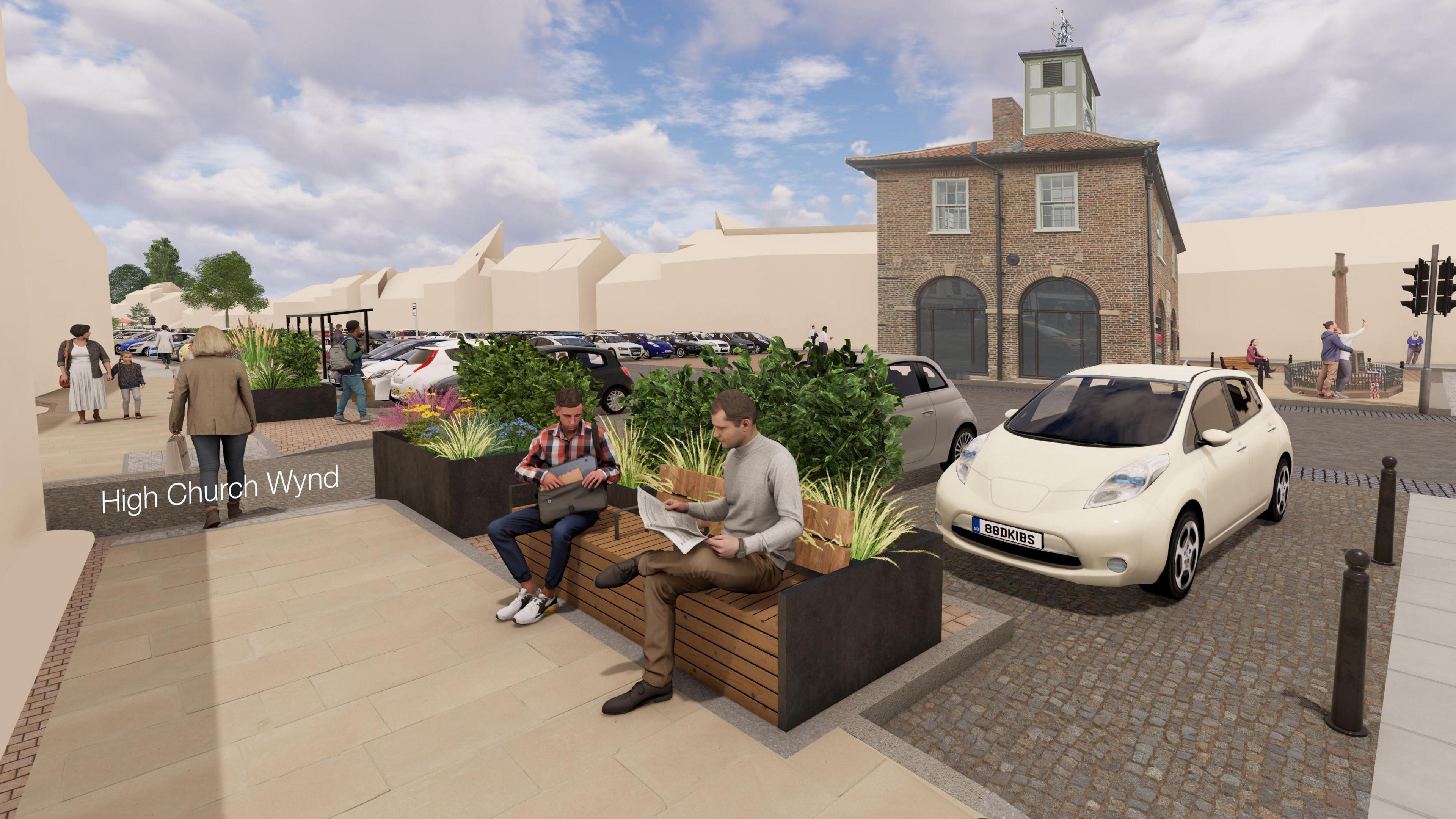 A computer-generated image of what the changes to Yarm High Street might look like. It shows two people sitting on a bench and behind them are plants. The cobbled street shows car parking and the paths are wide as people walk on them.