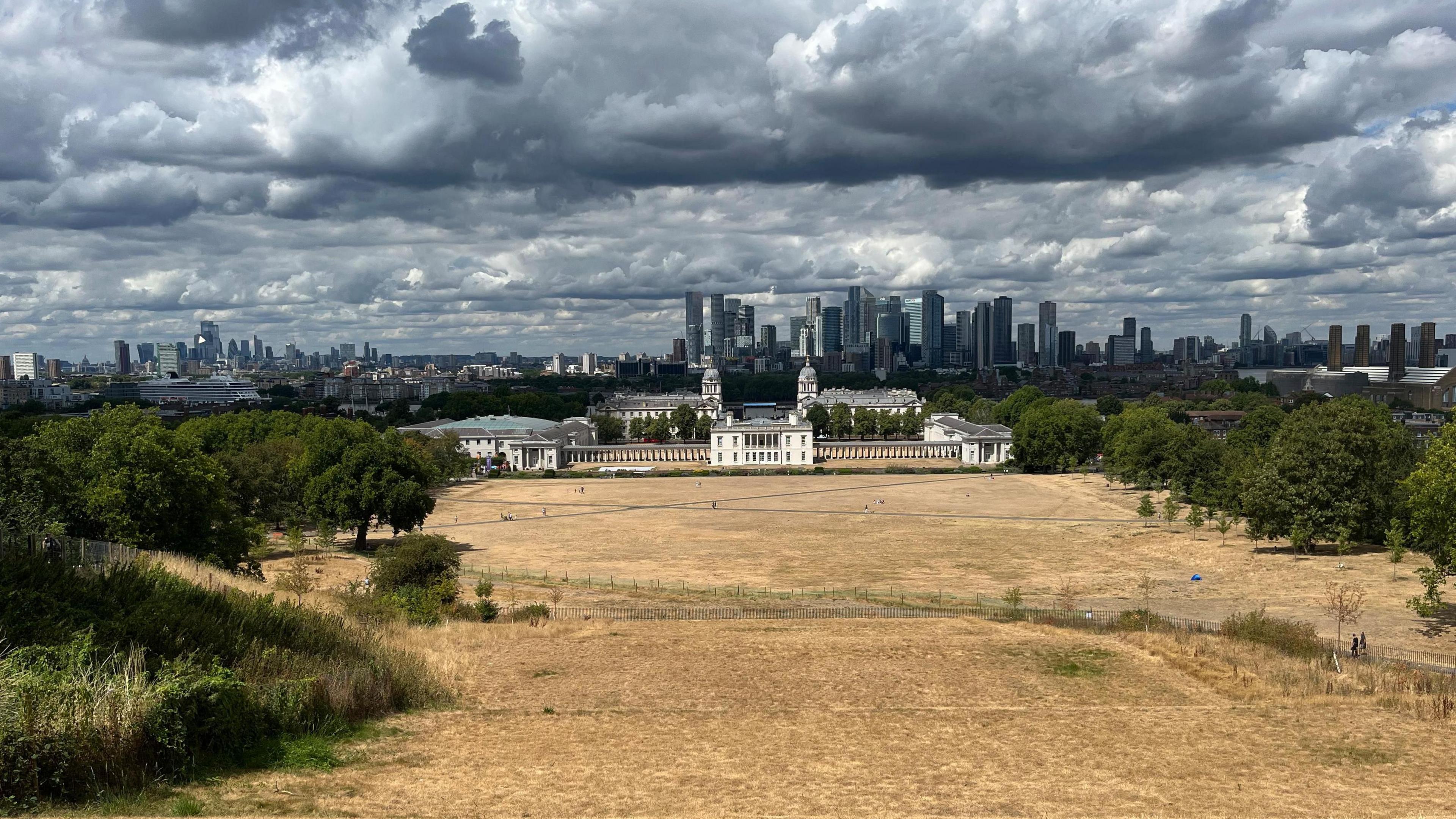 The grass in Greenwich Park, London looking brown and dry. In the distance is the iconic London skyline, with dark grey clouds overhead