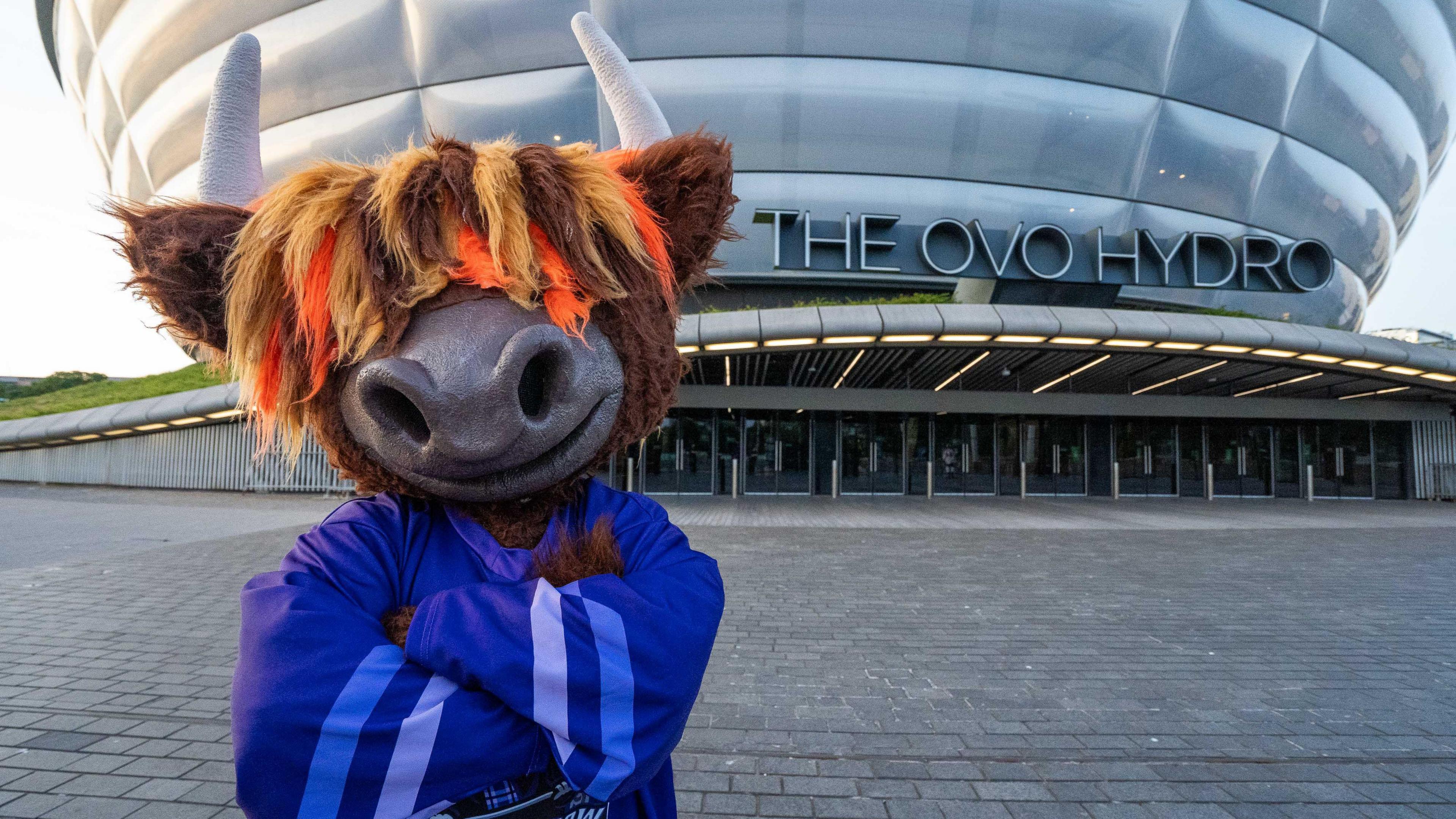 Clangus - an anthropomorphic moose wearing an ice hockey jersey, standing outside the OVO Hydro arena