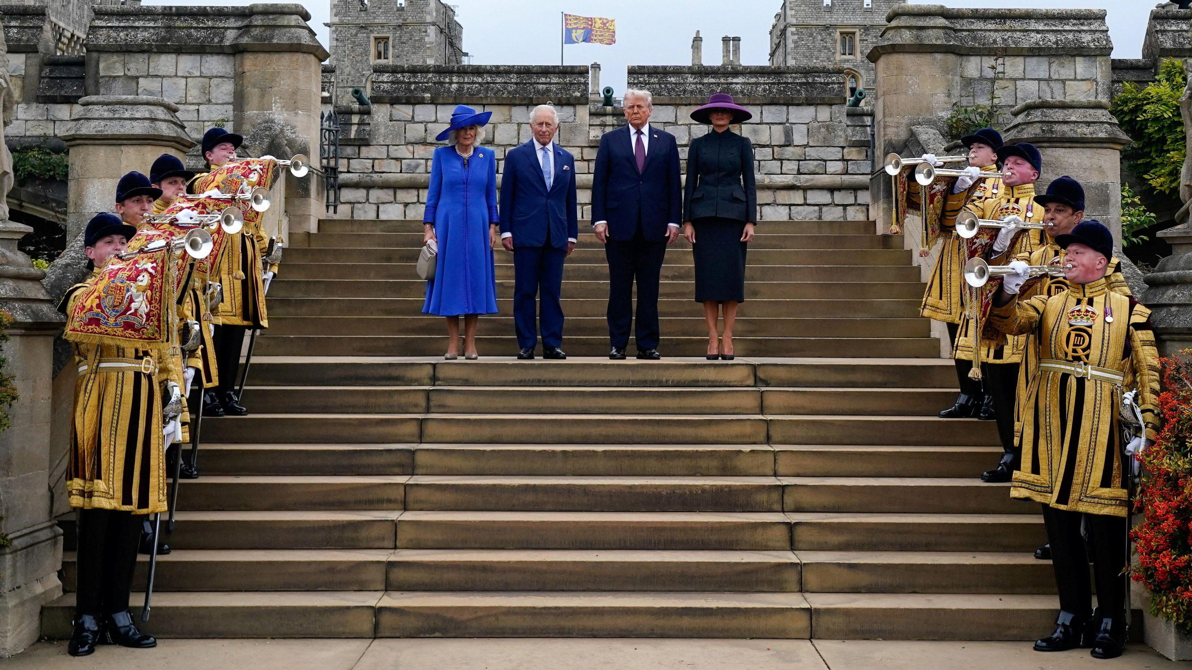Queen Camilla, King Charles III, US President Donald Trump and First Lady Melania Trump arrive for the Beating Retreat military ceremony at Windsor Castle