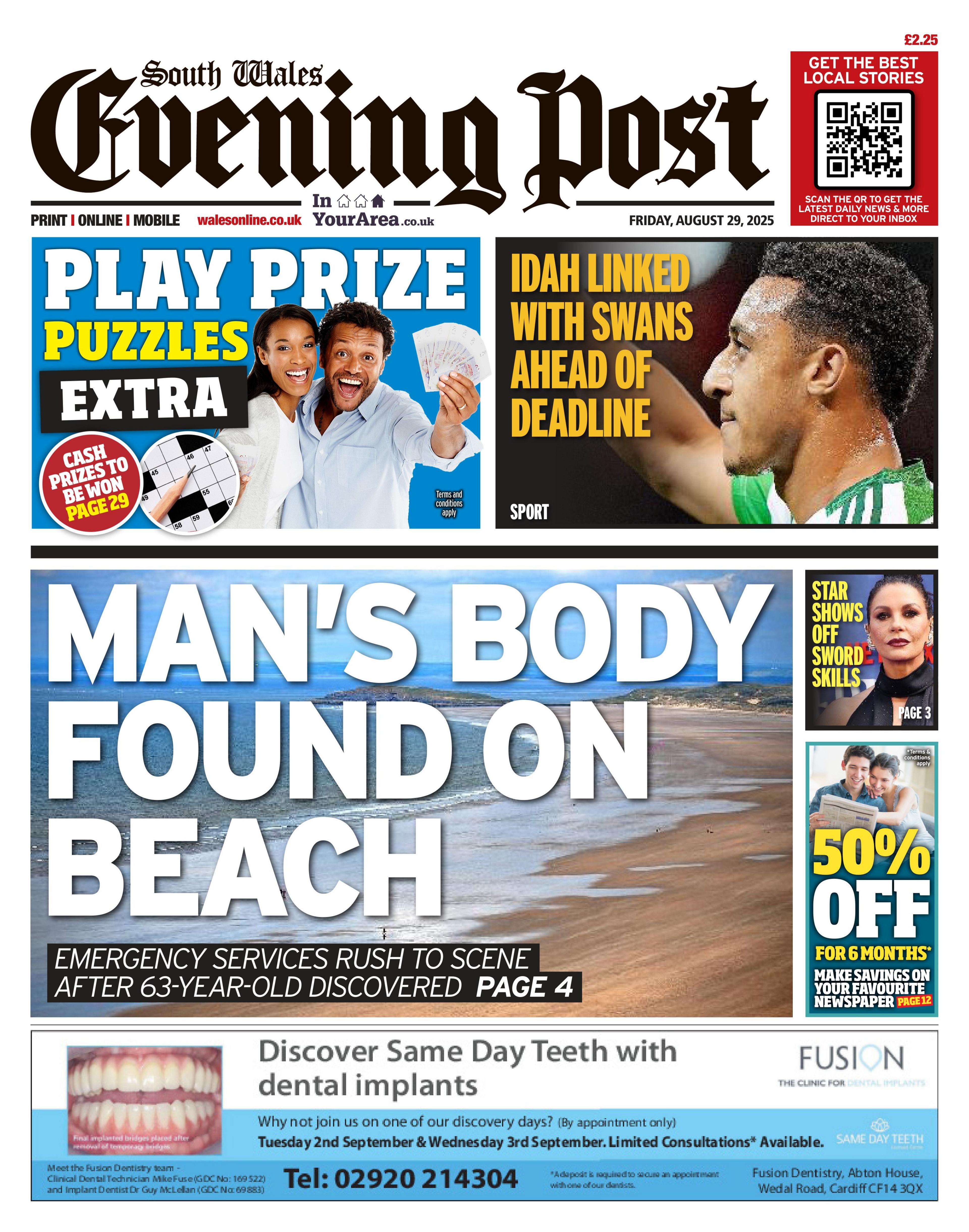 Main headline: Man's body found on beach; Emergency services rush to scene after 63-year-old discovered. Next to photo of a sandy beach.