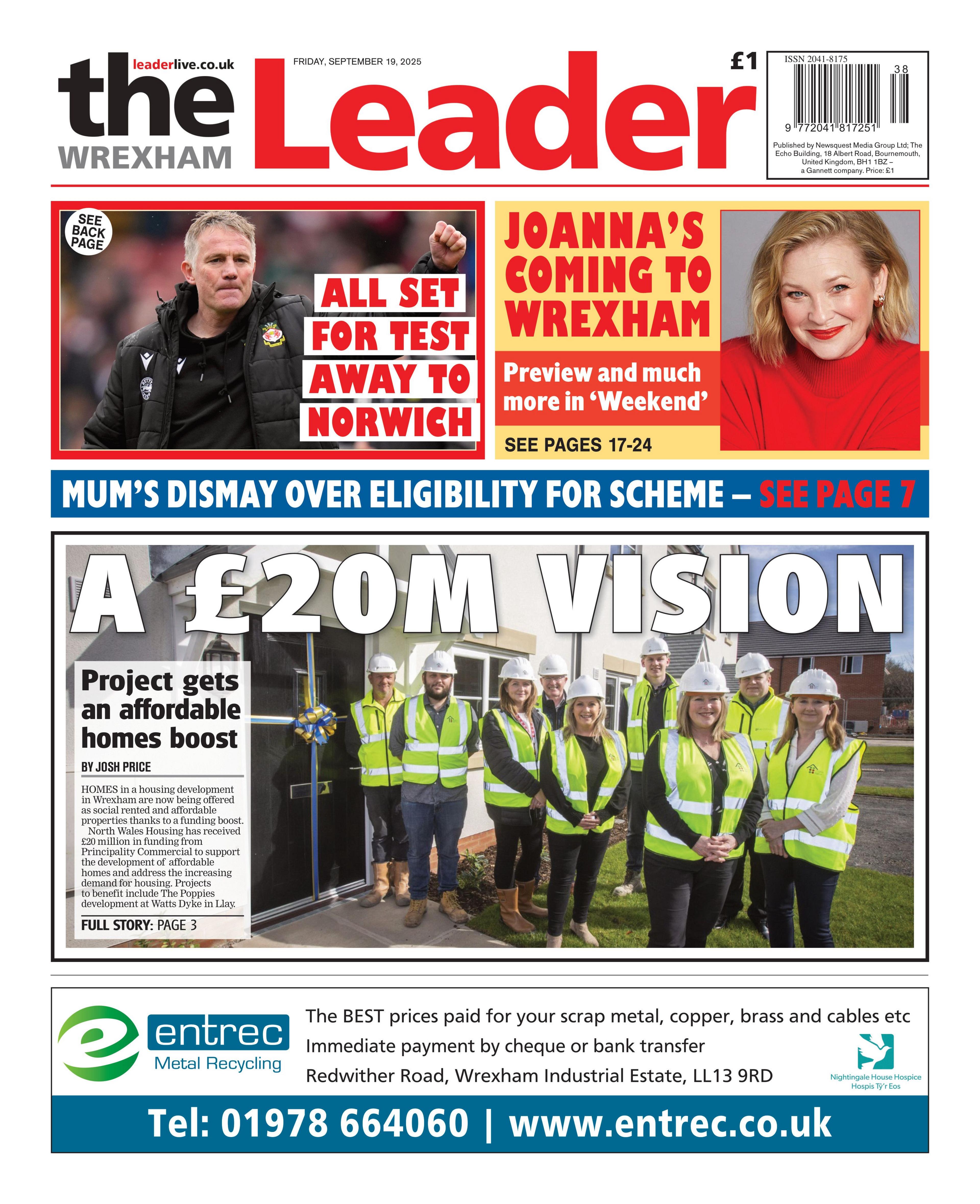 The Wrexham Leader newspaper front page shows main headline next to a photo of a group of people wearing neon vests and white hard hats; A £20m vision. Other headlines on the front page are: All set for test away to Norwich and Joanna's coming to Wrexham. 