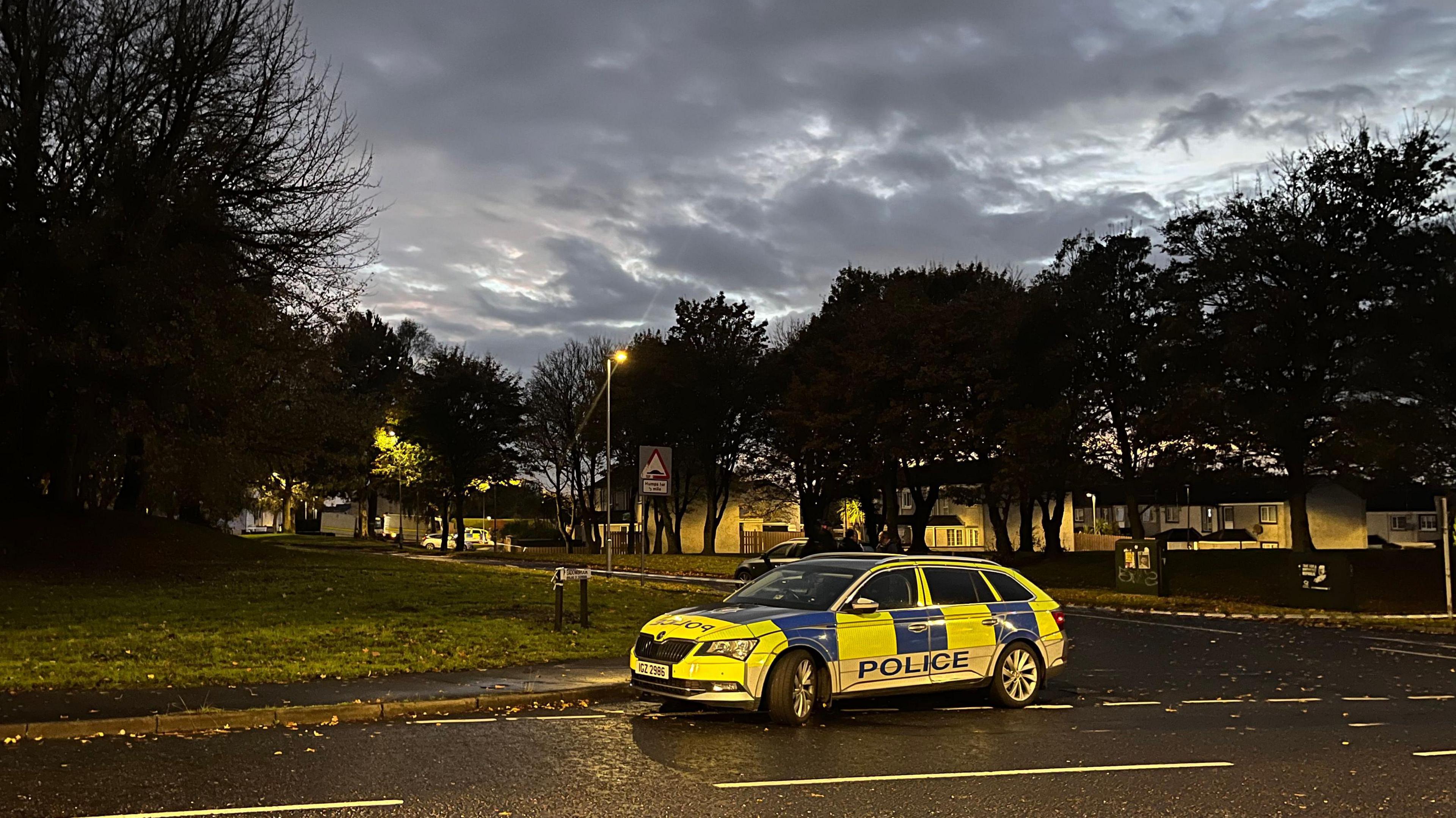 A blue and yellow police car is parked sideways in front of security cordon tape which has been place across the entrance to the Meadowbrook estate in Craigavon after a suspect device was found