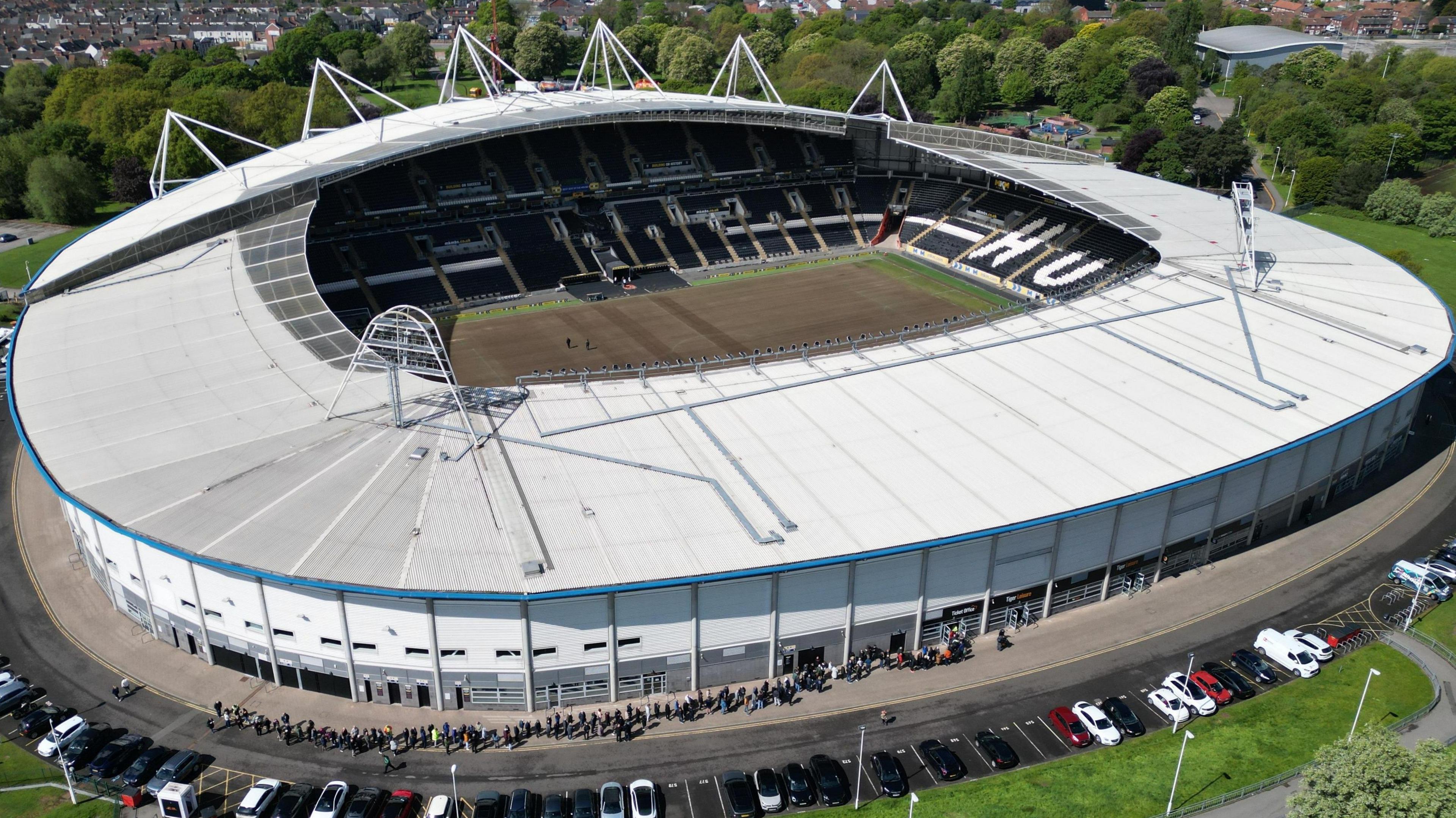 Aerial footage from above the MKM Stadium of Hull City fans queuing to buy tickets for the Championship play-off final