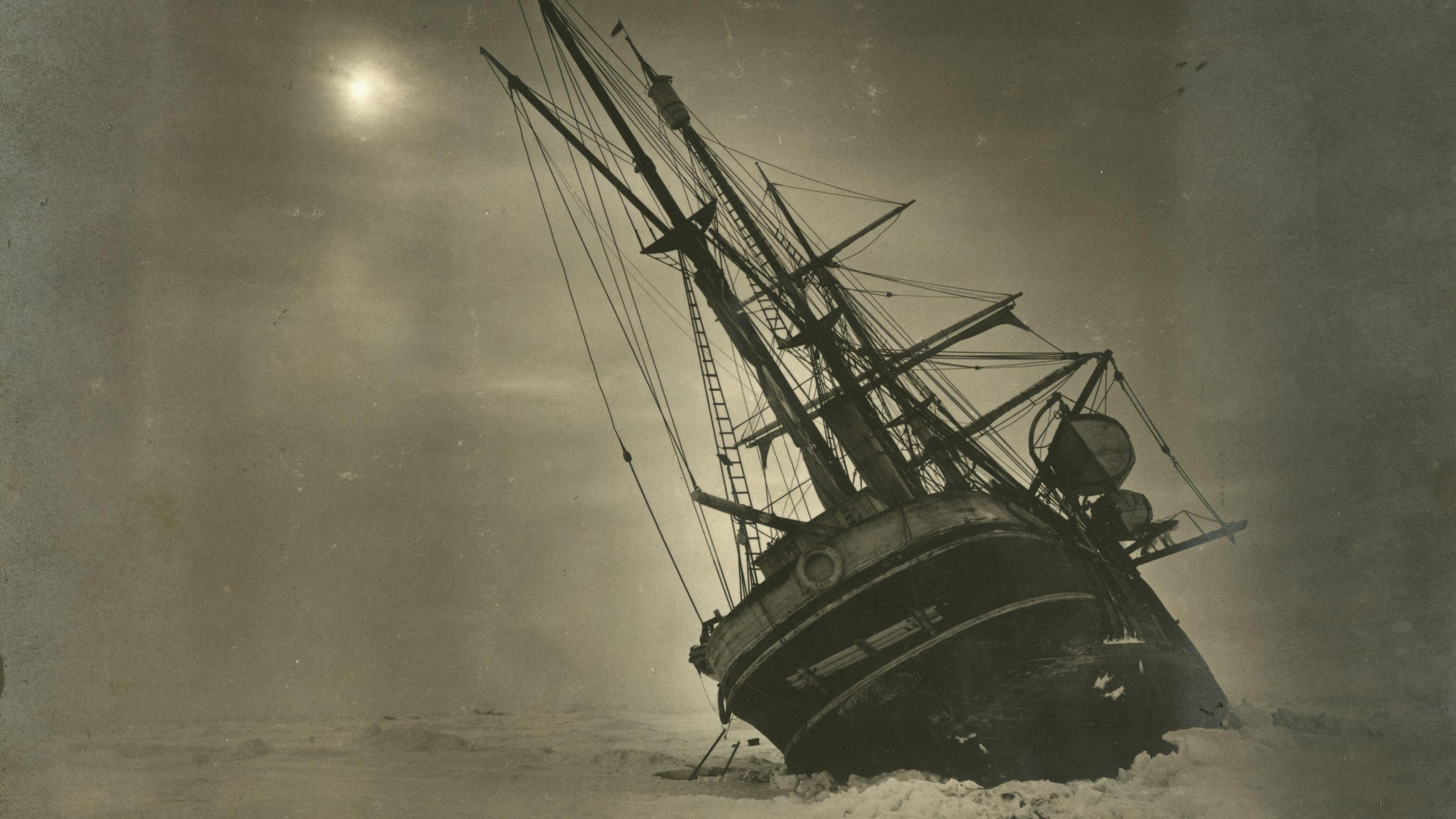 The Endurance leaning to one side during the Imperial Trans-Antarctic Expedition, 1914-17, led by Ernest Shackleton. 