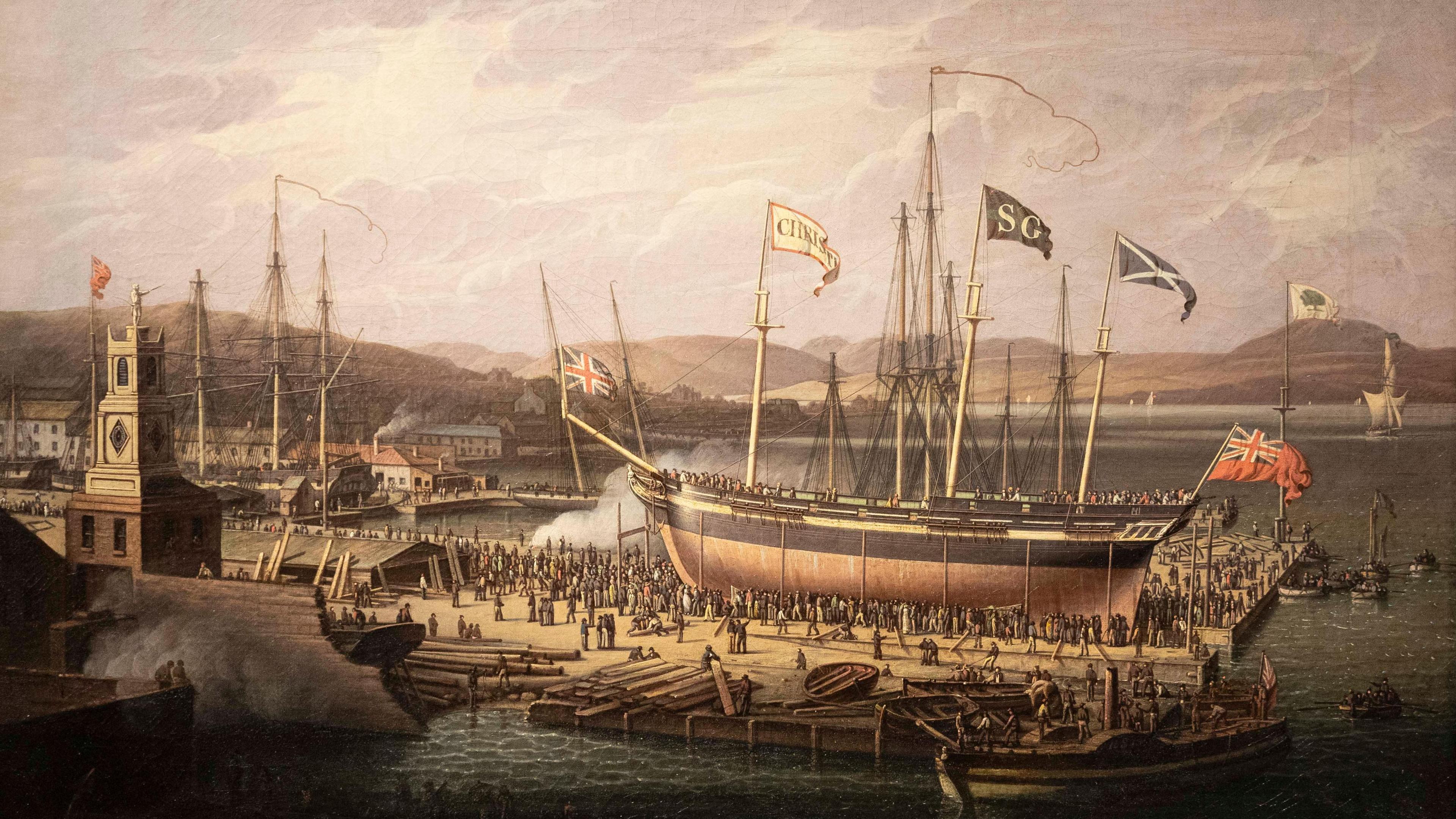 Oil painting Launch of the Christian, 1818 by Robert Salmon depicting transport of colonial goods between Jamaica and Greenok