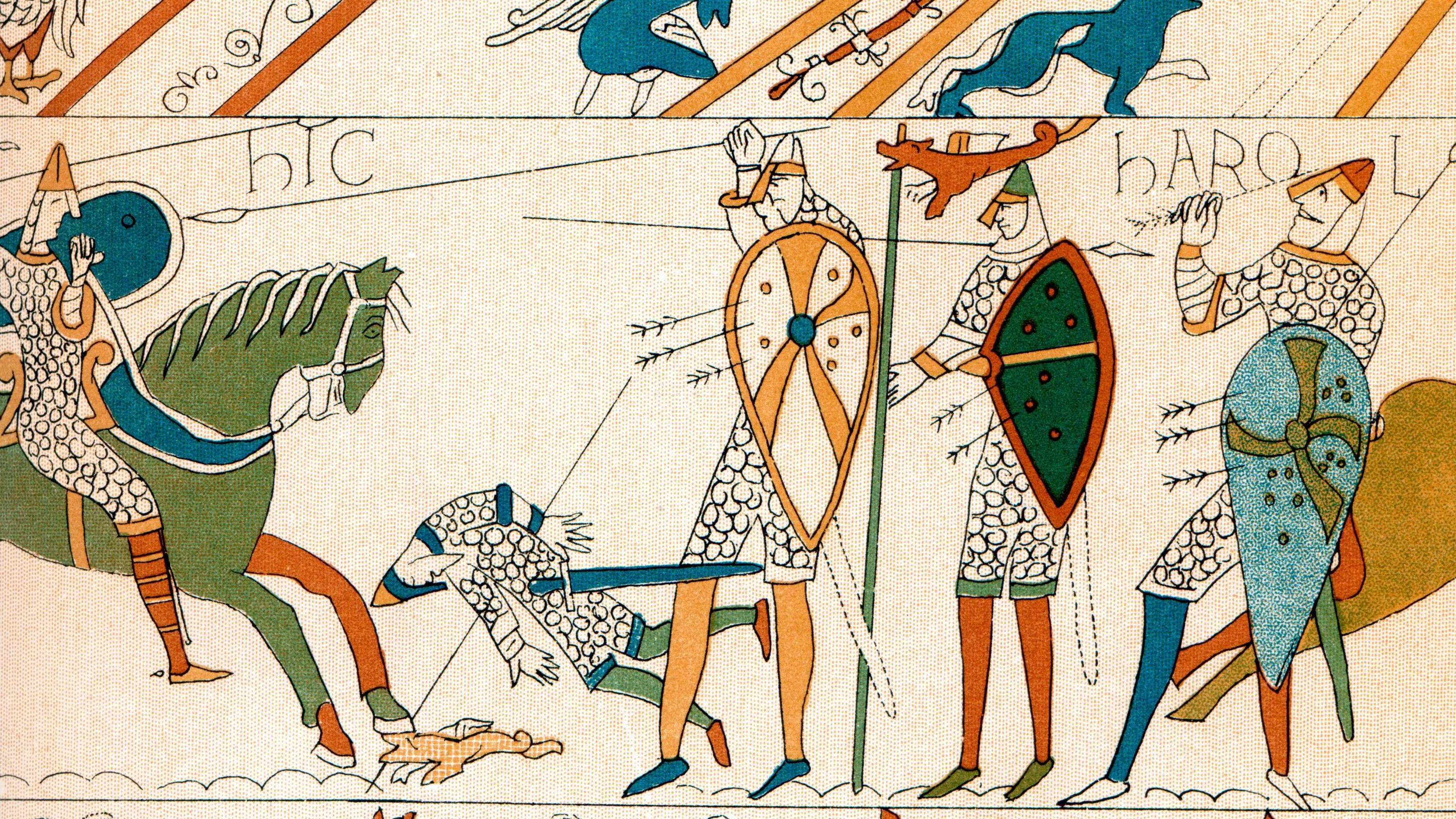 A vintage engraving showing a detail of the Bayeux Tapestry, the Battle of Hastings and the Death of King Harold.