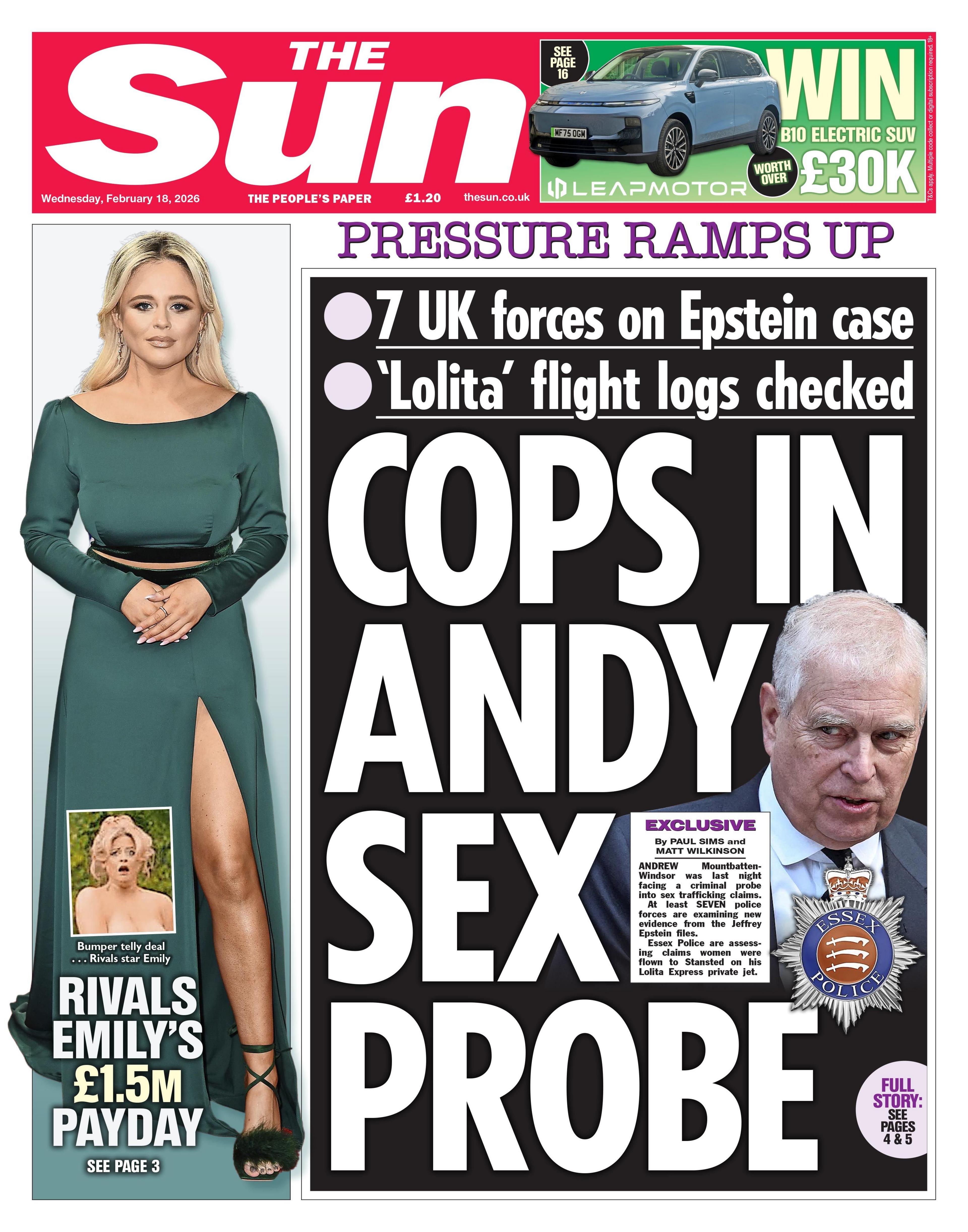 The front page of the Sun reads: "Cops In Andy Sex Probe."