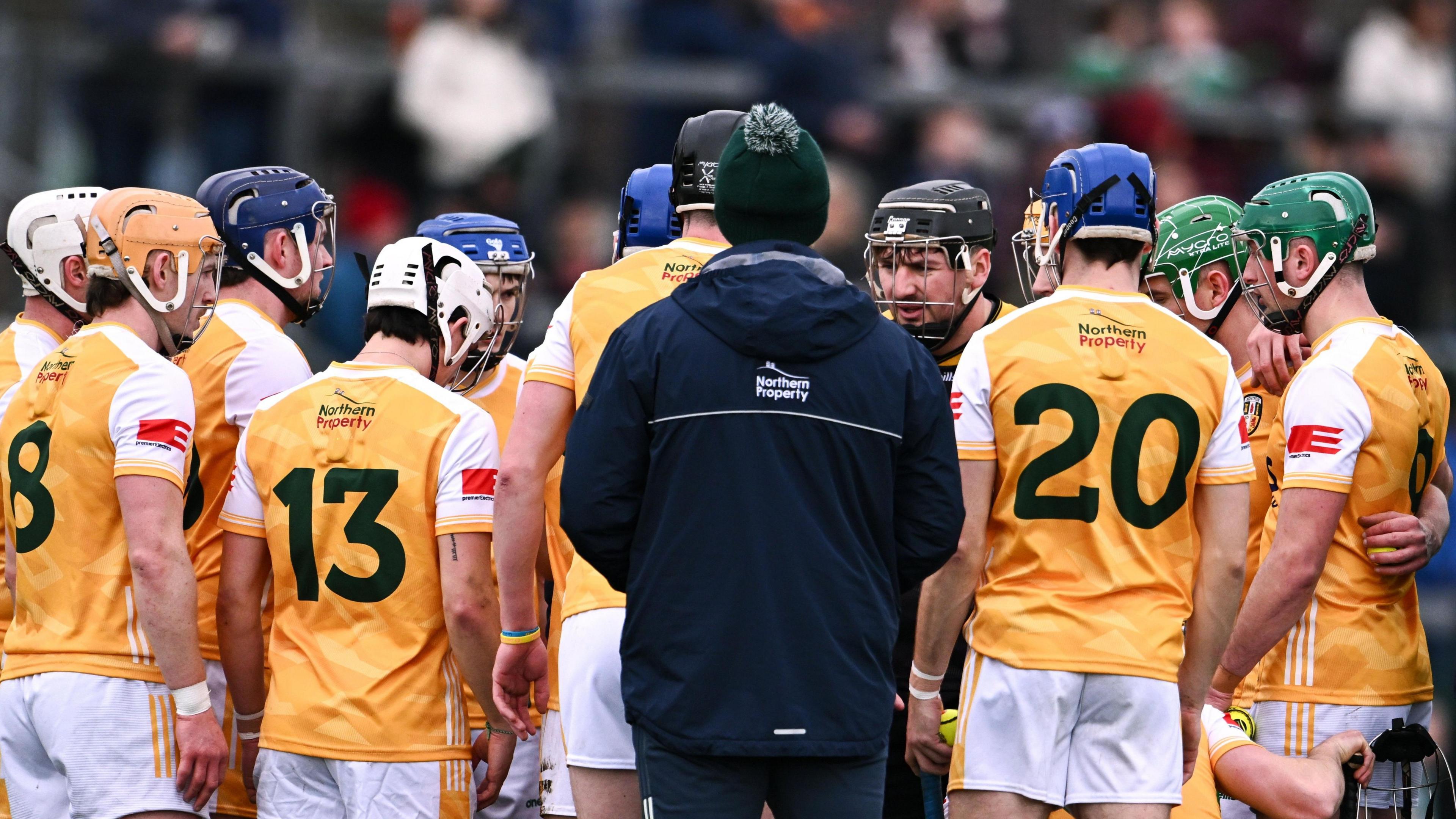 The Antrim squad huddle during a league match against Dublin in March