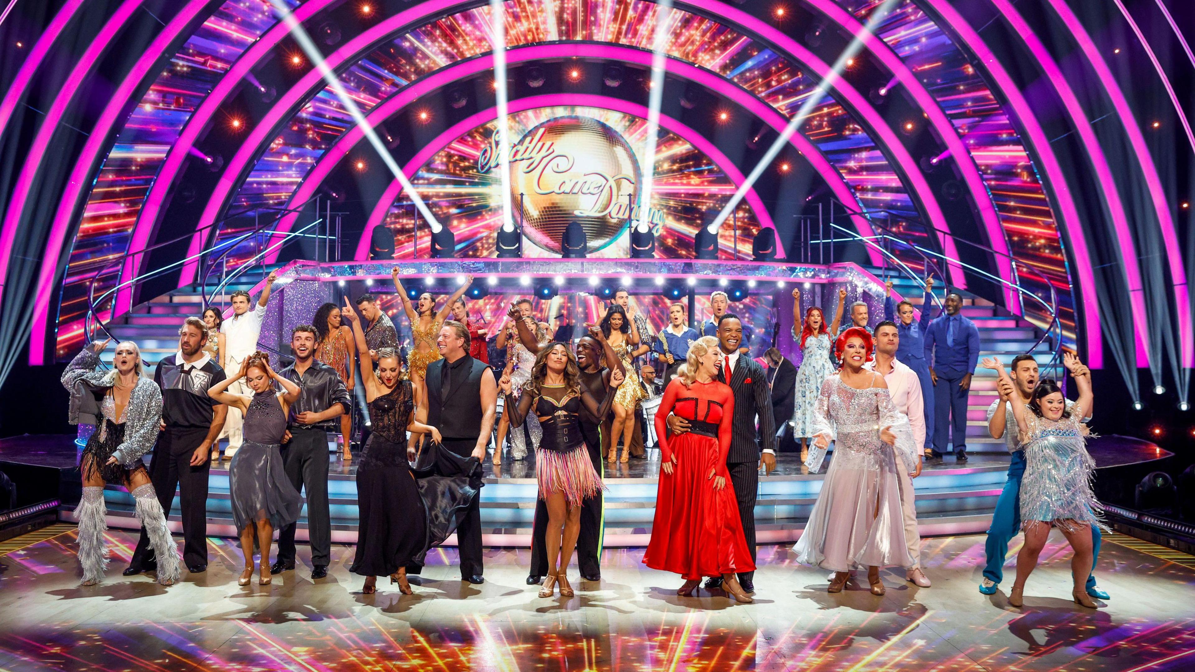 Strictly contestants and pro dancers in the Strictly Come Dancing studio