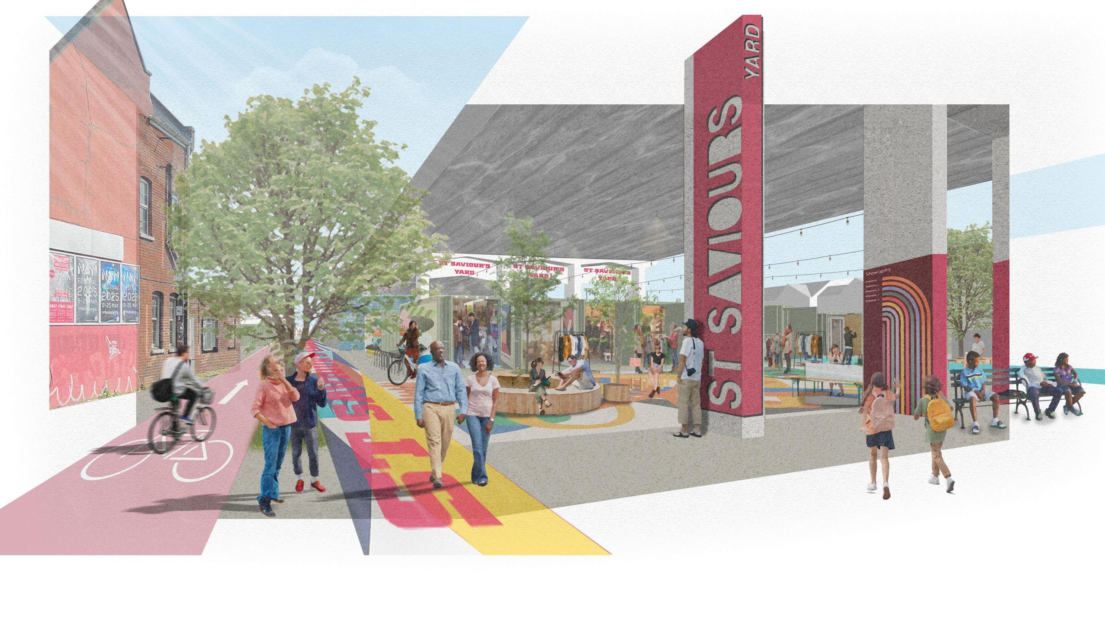 An artist's impression of a shopping area, with cycle lanes and a precinct