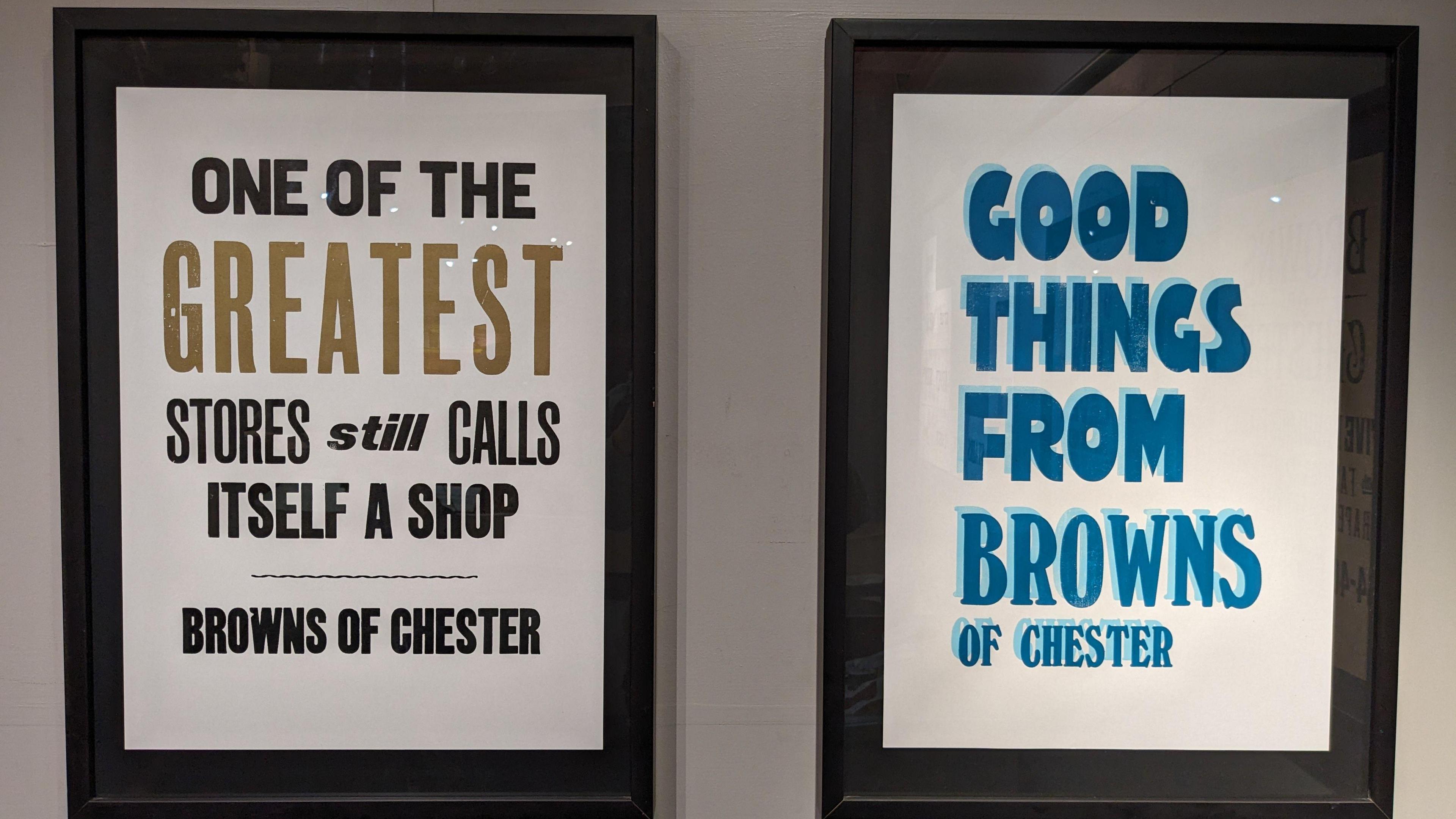 Two framed letterpress posters, drawing on original Browns' marketing materials