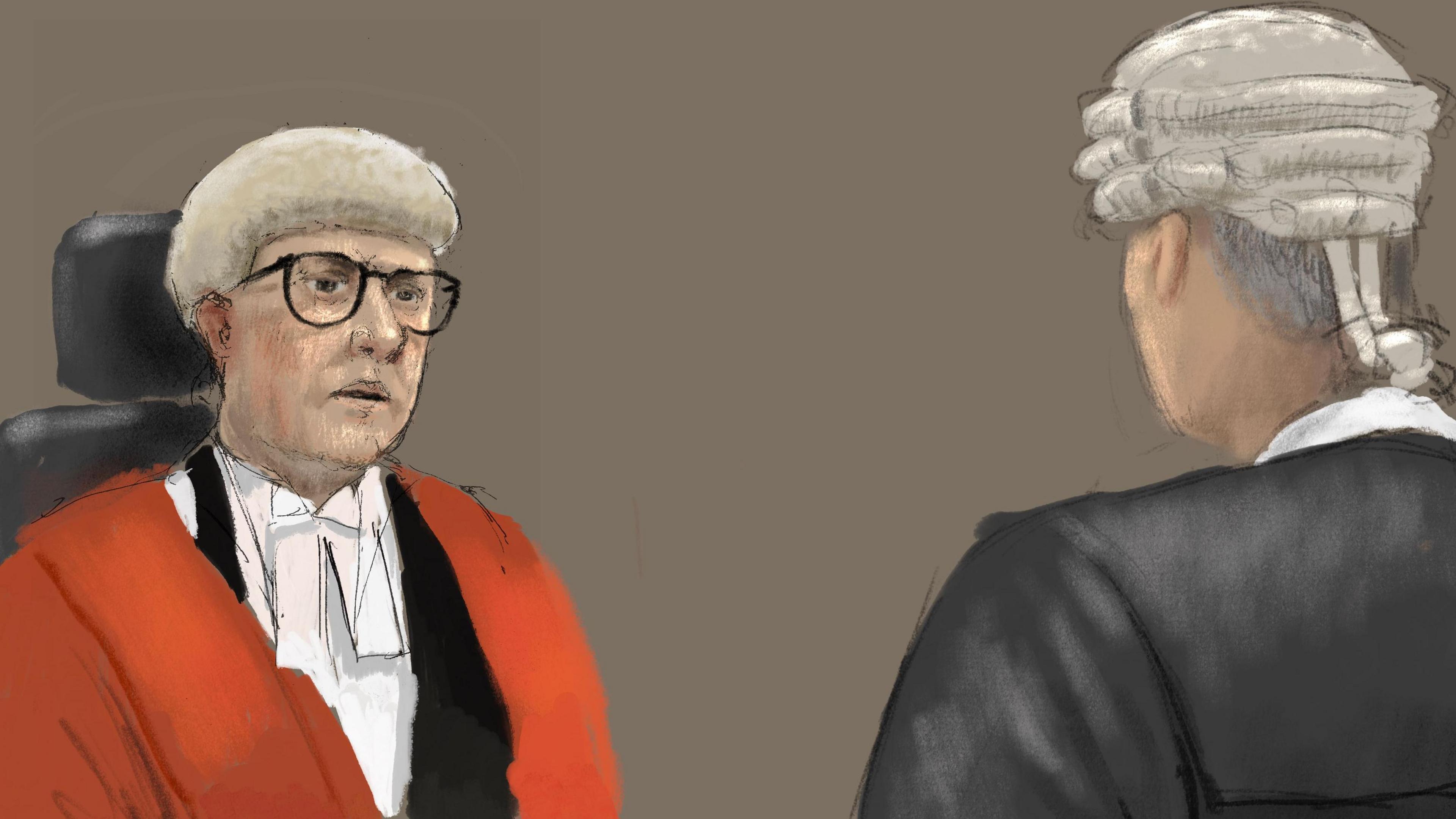 An artist's drawing of two men. The man on the left is wearing a white wig and red robe, the man on the left has his face obscured and is wearing a white wig and a black robe. 
