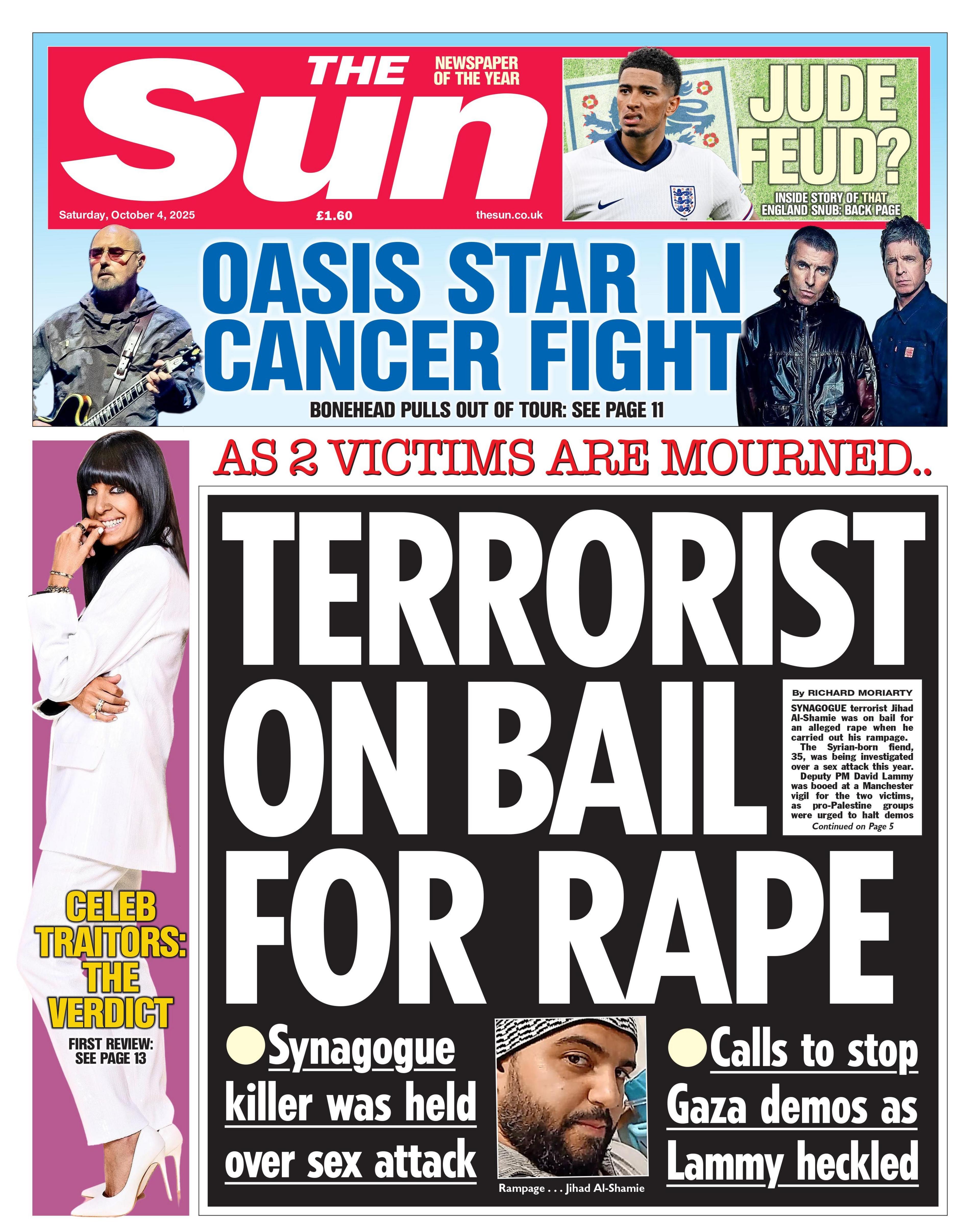"Terrorist on bail for rape" reads the headline on the front page of The Sun.