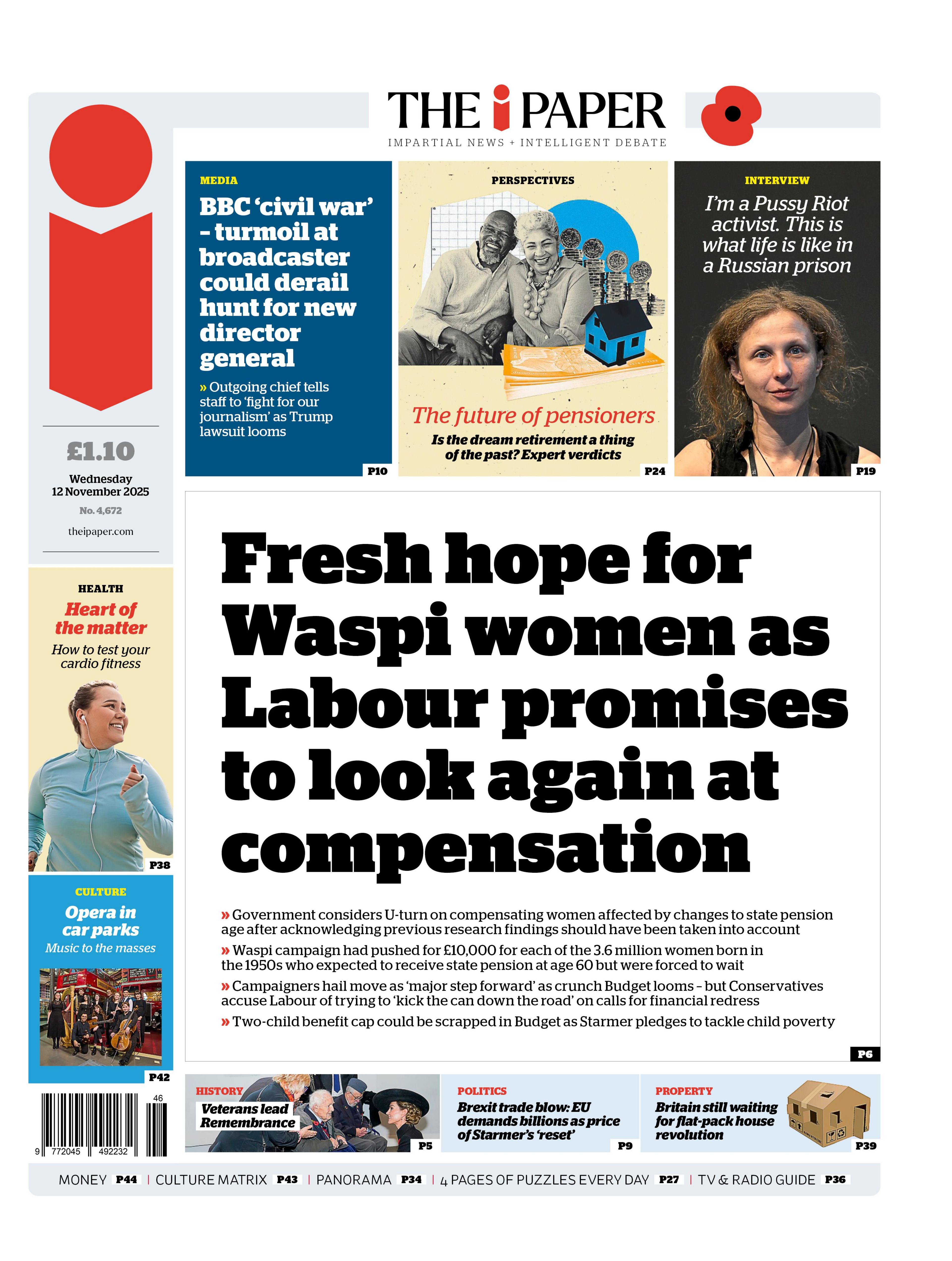 The headline on the front page of the i Paper reads: "Fresh hope for Waspi women as Labour promises to look again at compensation".