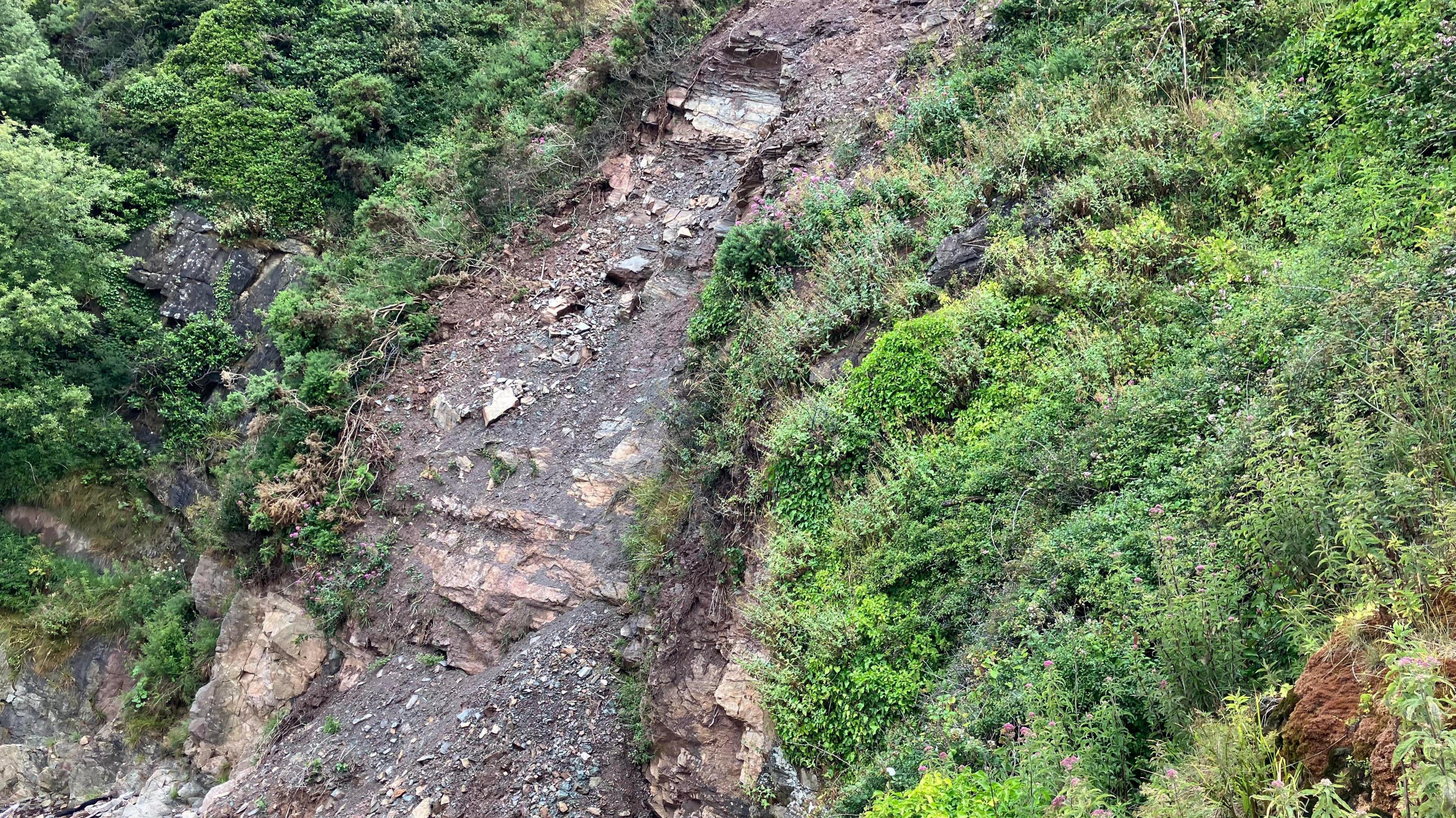 he muddy landslide can be seen, as well as an area to the right which is green, grassy and intact. 