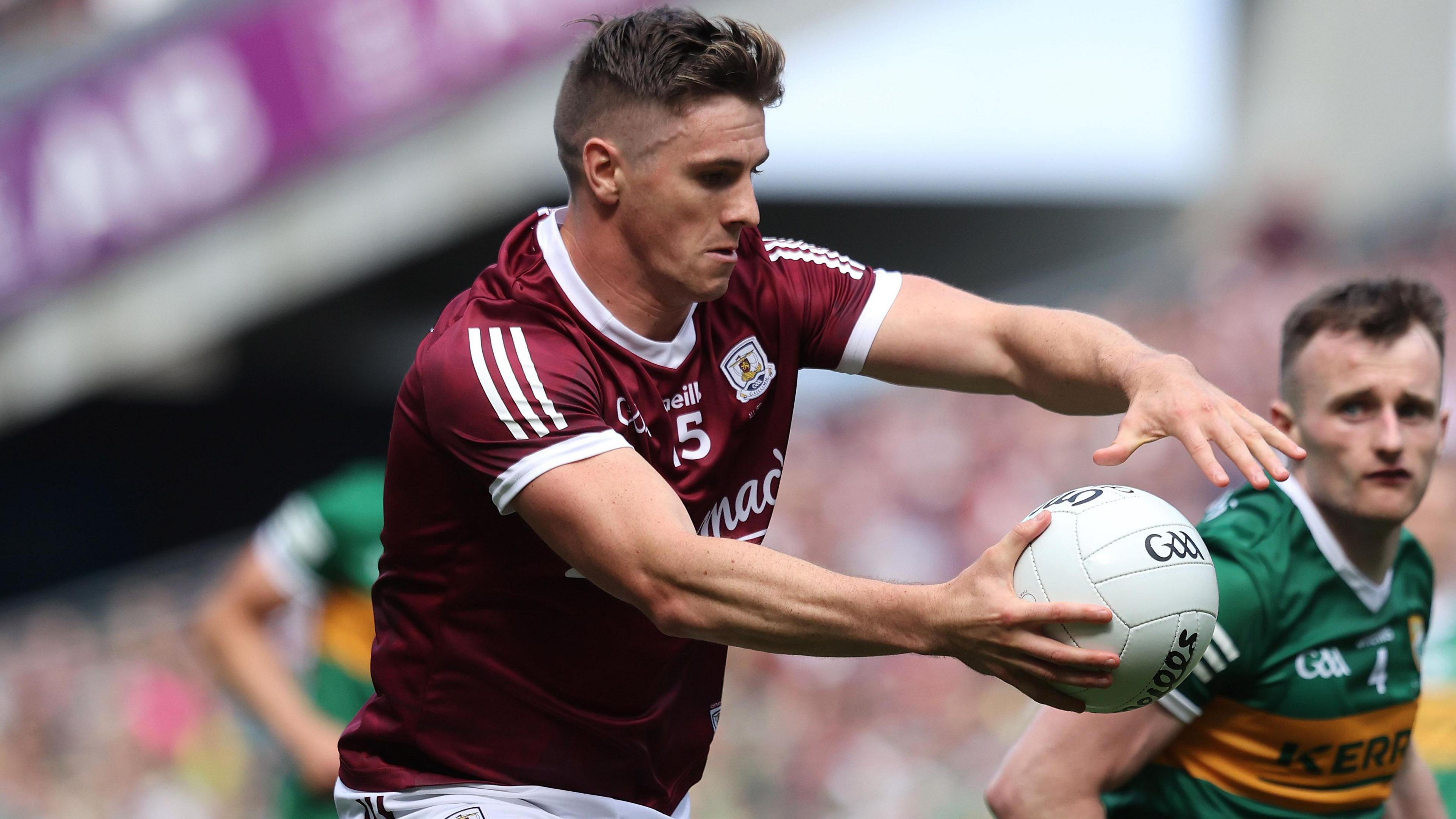 Shane Walsh is about to kick one of his nine points in the 2022 All-Ireland Football Final the 2022 