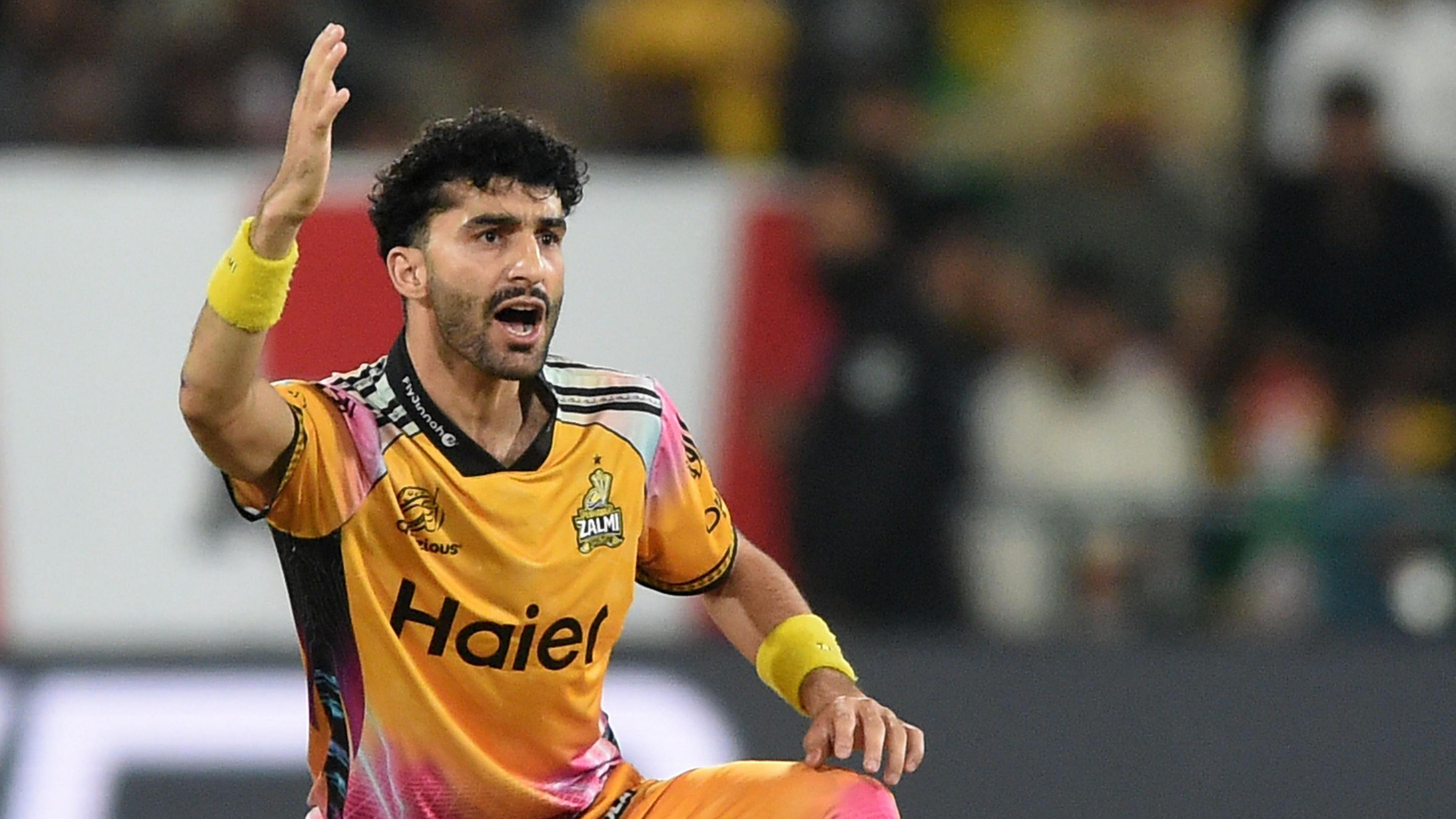 Sufyan Moqim appeals for a wicket while in action for Peshawar Zalmi.