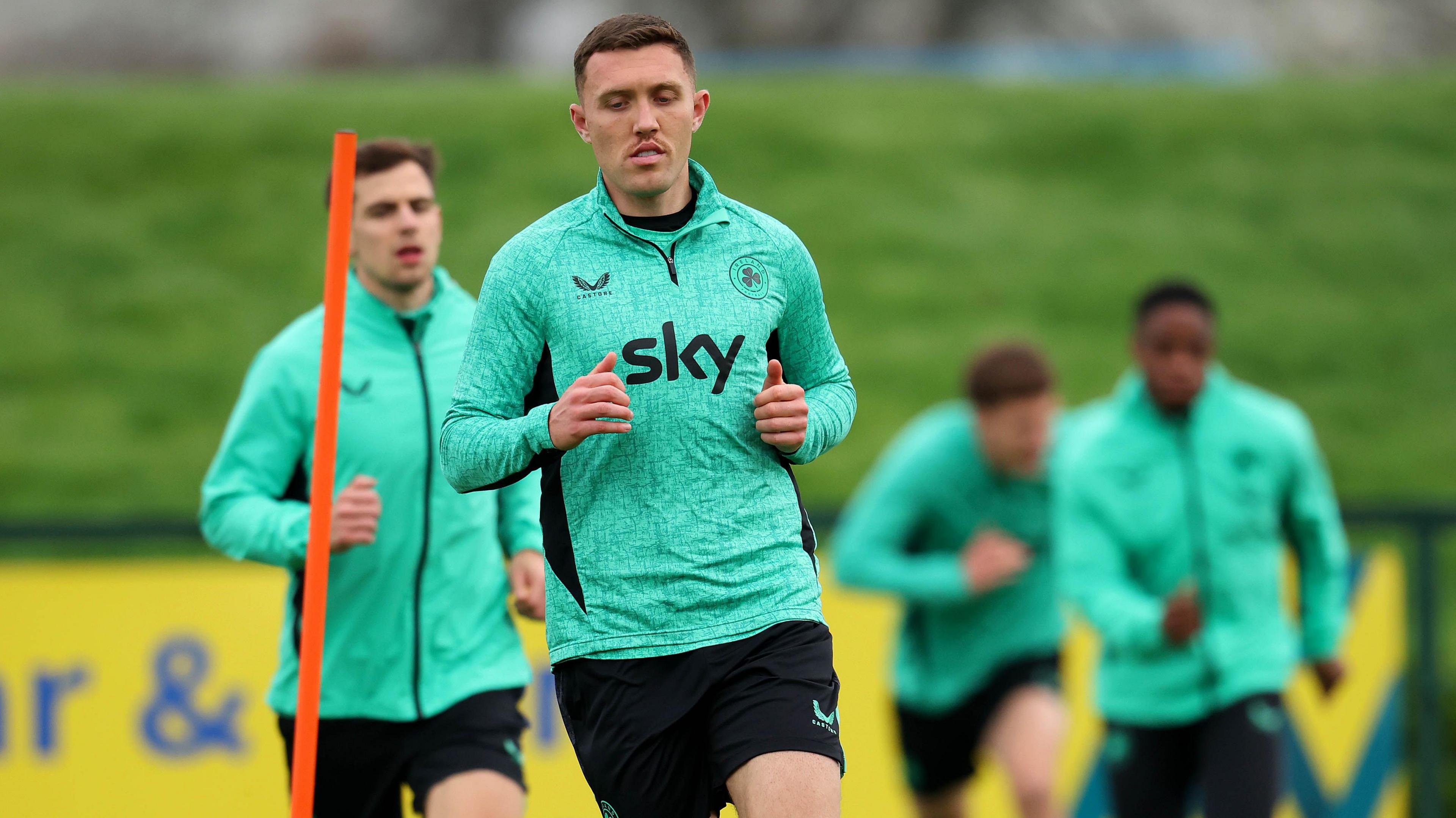 Republic of Ireland defender Dara O'Shea in training a ahead of their World Cup qualifier with Portugal