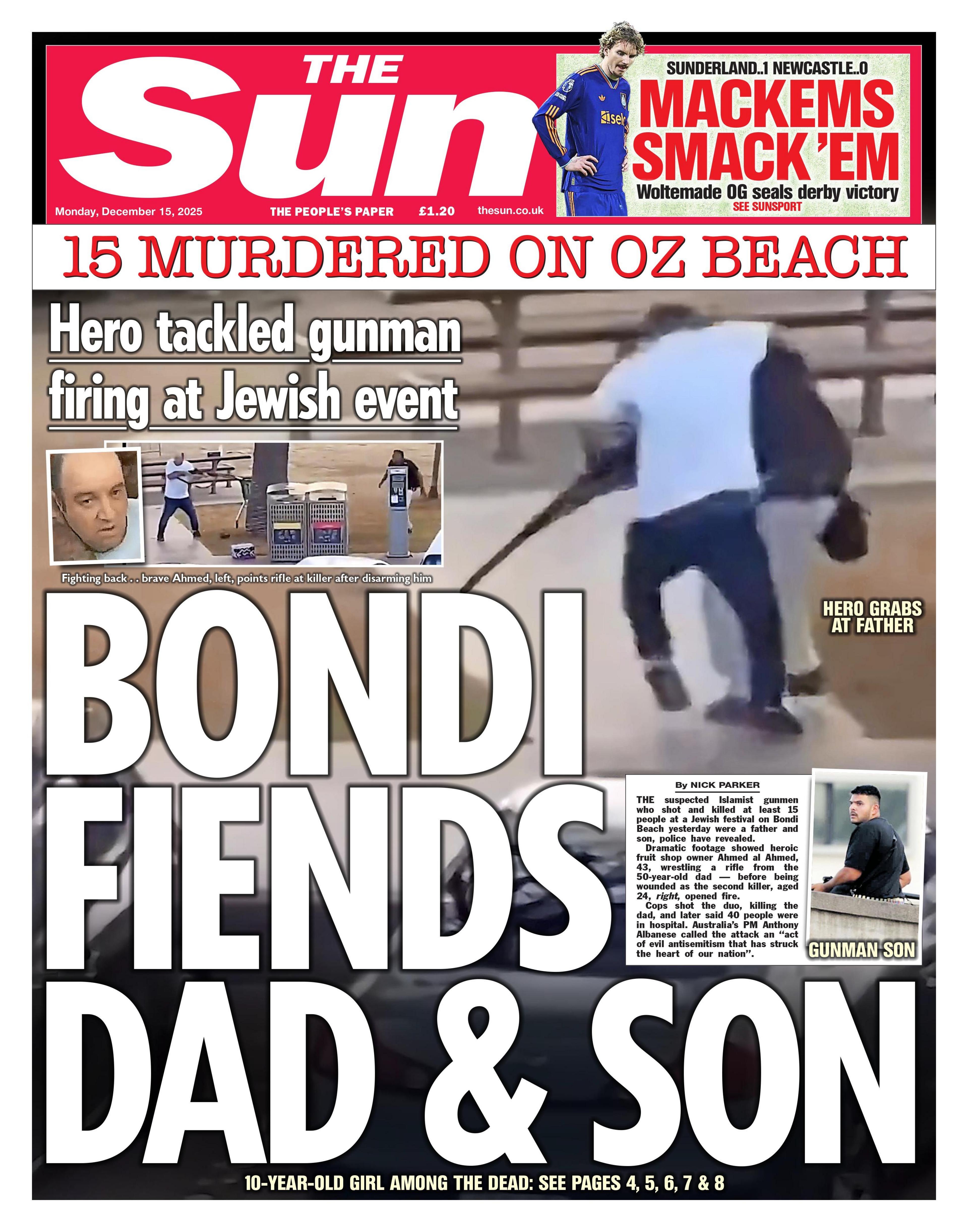 Titulli në faqen e parë të gazetës “The Sun” thotë: “Bondi përçmon babanë dhe të birin”.