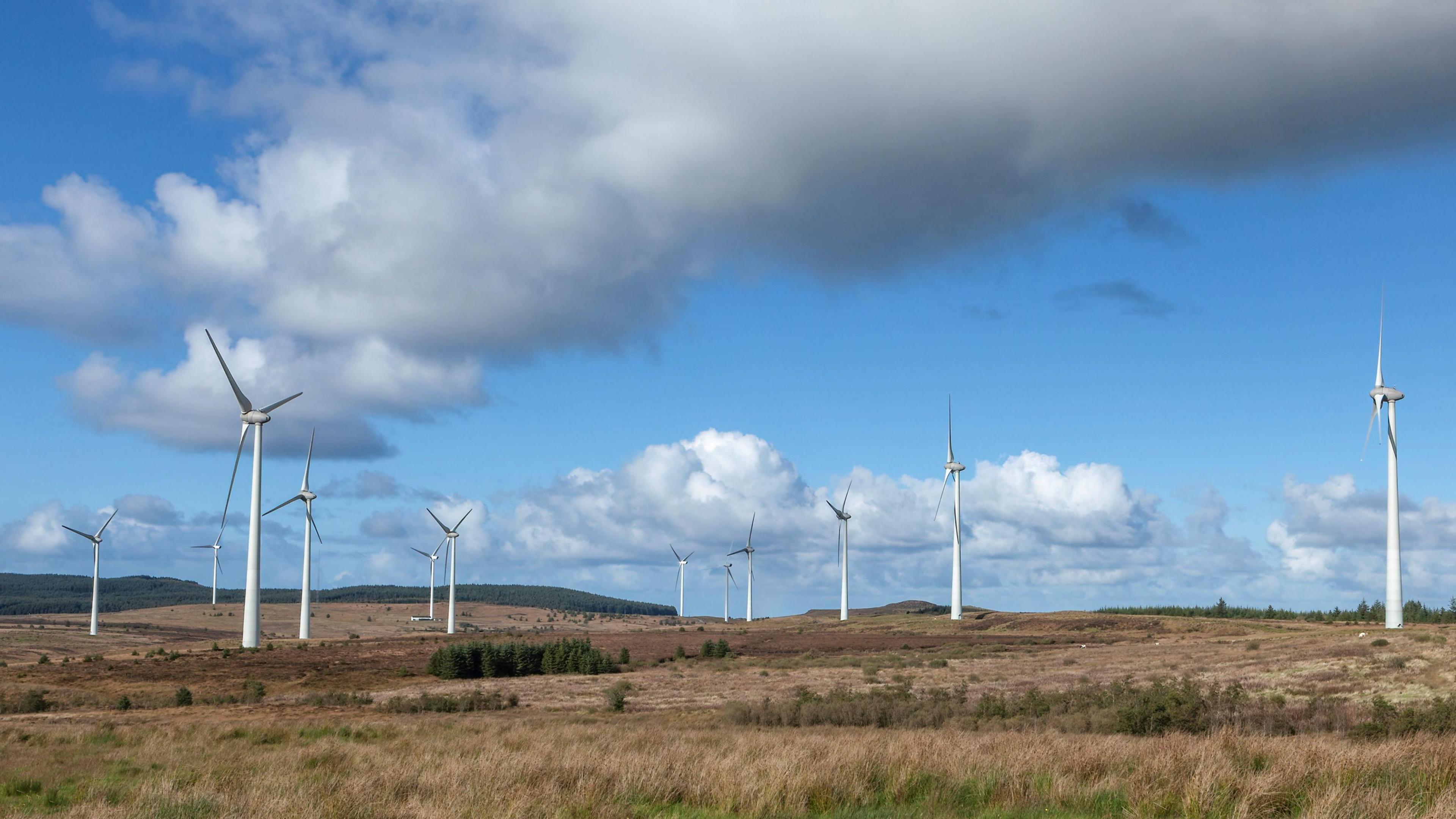 Windmills in a field. It's a cloudy day.