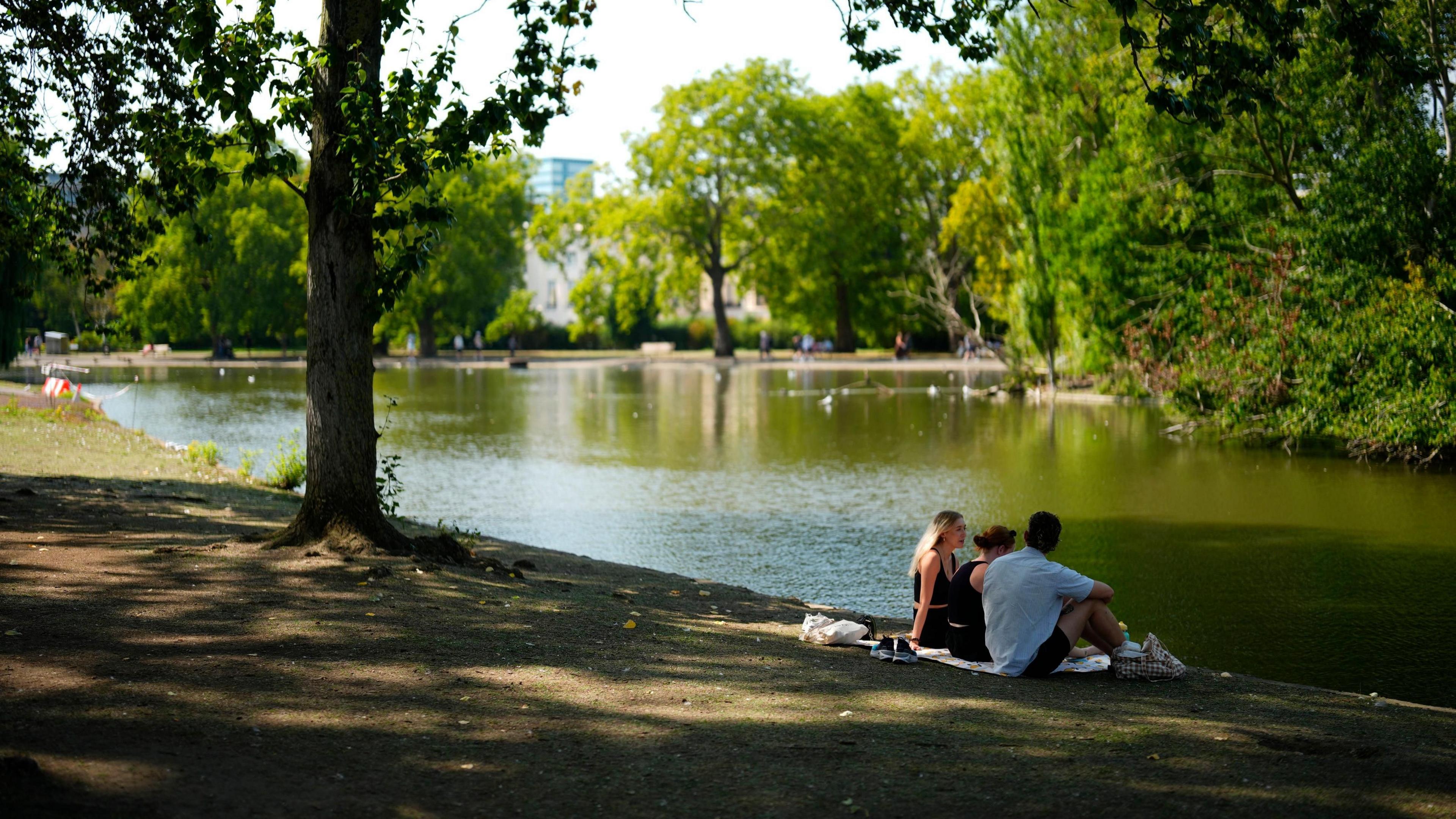 Three people sit on a picnic blanket under the trees next to Regent's Park lake