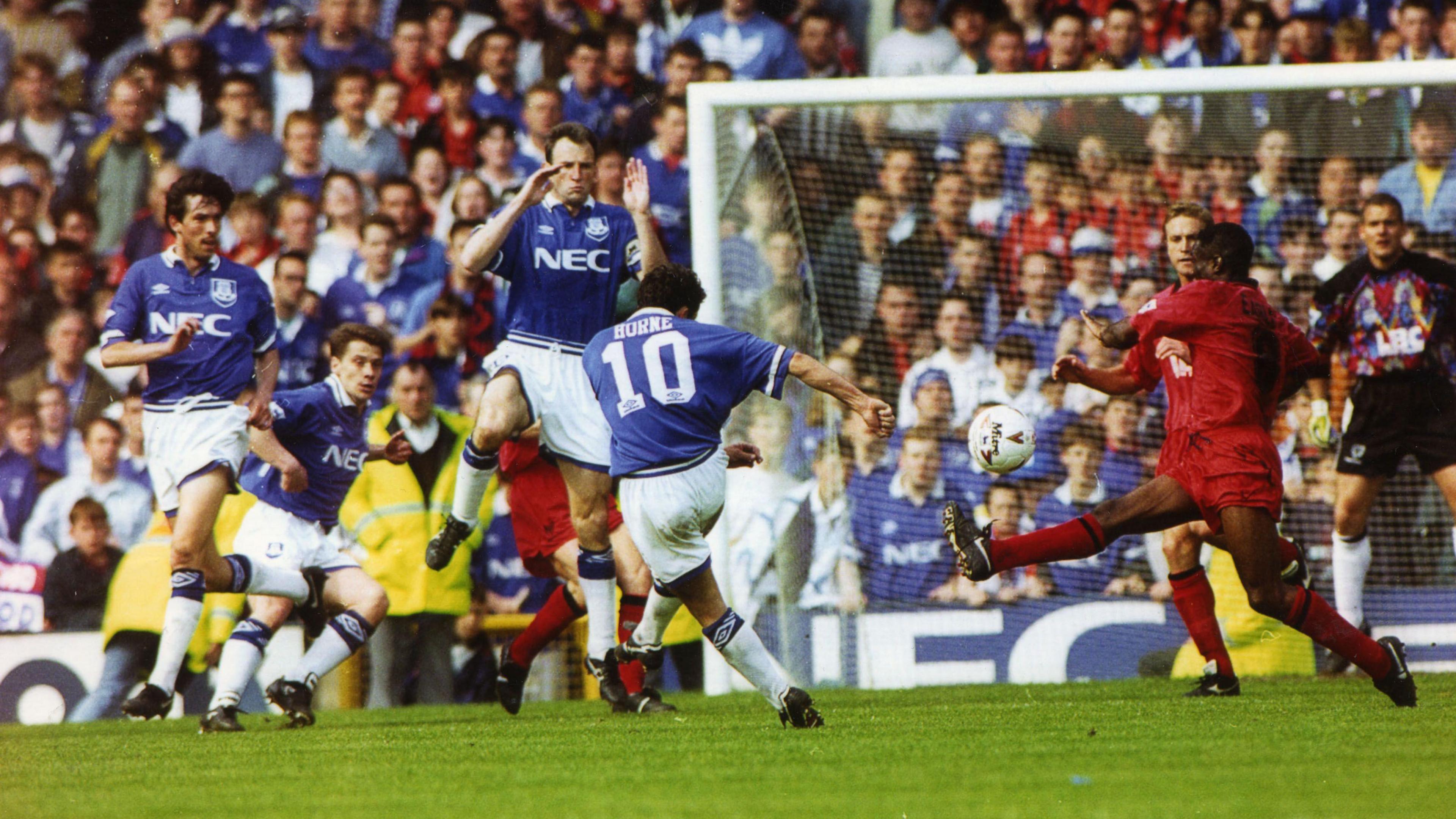 Barry Horne scores Everton's equaliser against Wimbledon in May 1994